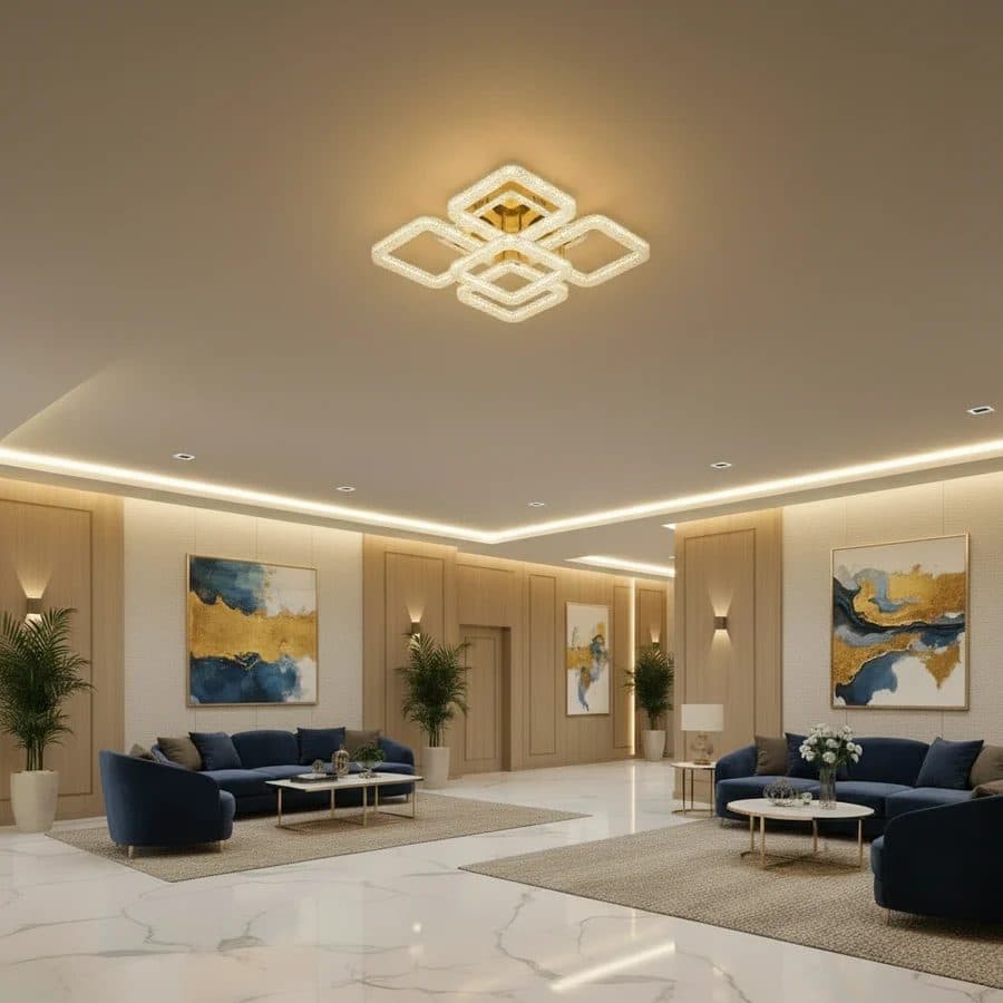 Lustra LED Flippy Magno cu telecomanda si cristal, 118W, 5 Patrate, Auriu — imagine 1