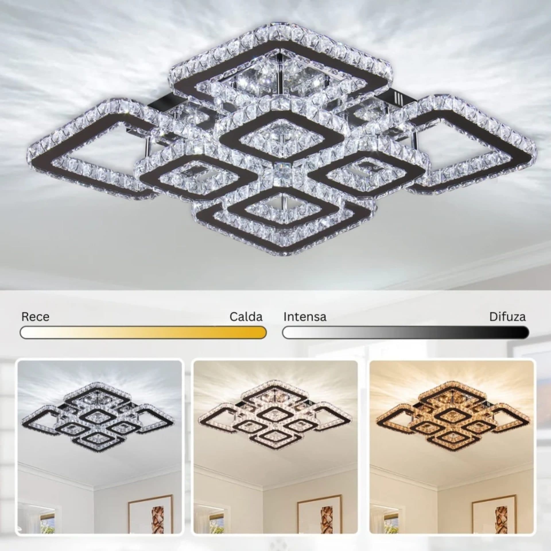 Lustra LED Flippy QUADRIA SUPREMO RGB 168W, 8 Patrate, Dimabila, Crom Lucios — imagine 2