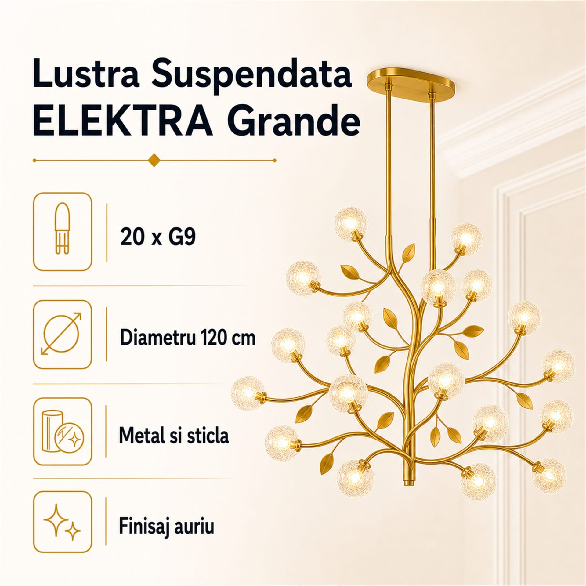 Lustra Suspendata Flippy BARRO Grande, Ø120cm, 20xG9, Auriu, Metal si Sticla — imagine 5