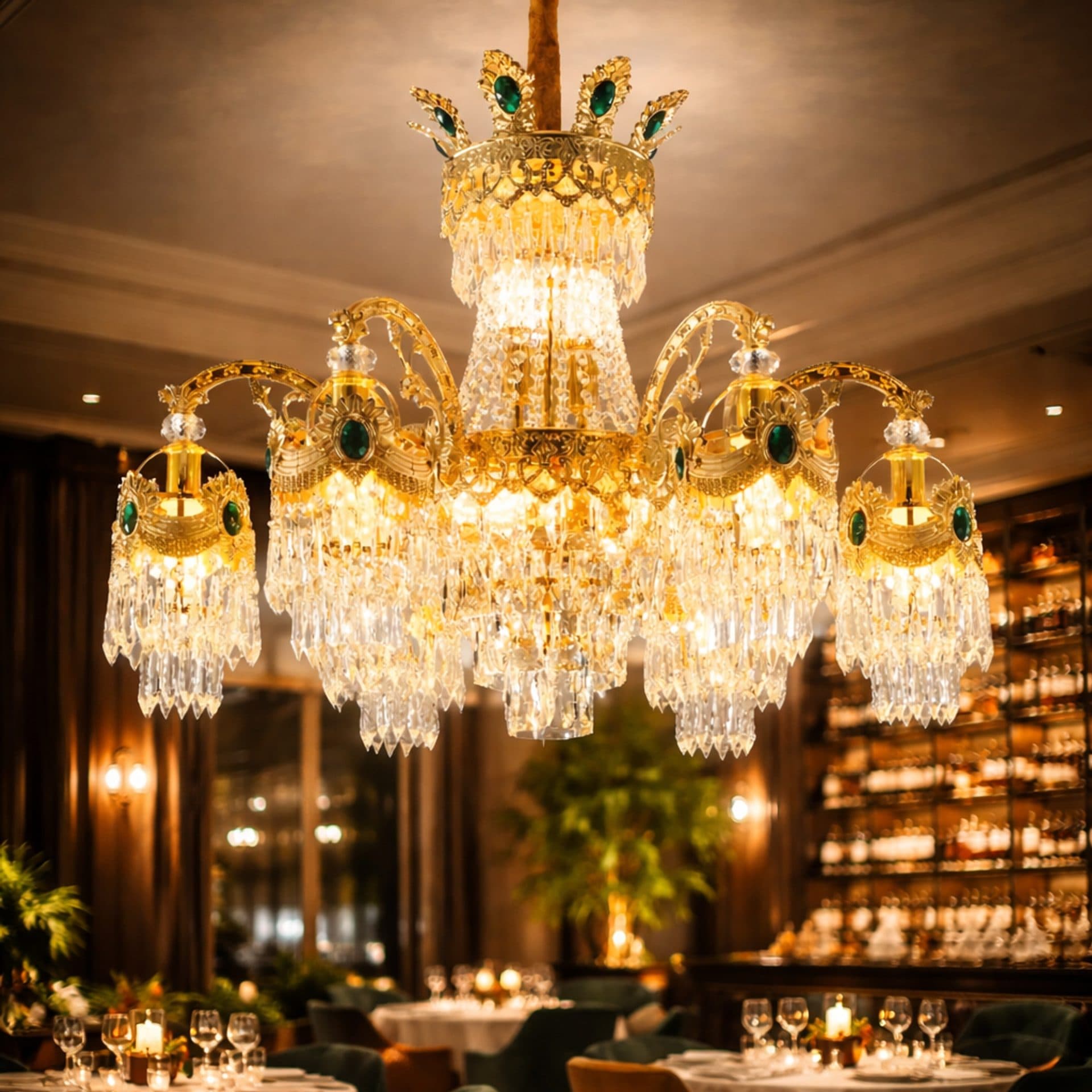 Candelabru Flippy Cristal 10xE14, D75cm, Auriu Lucios, Inaltime Reglabila, Metal si Cristal — imagine 1