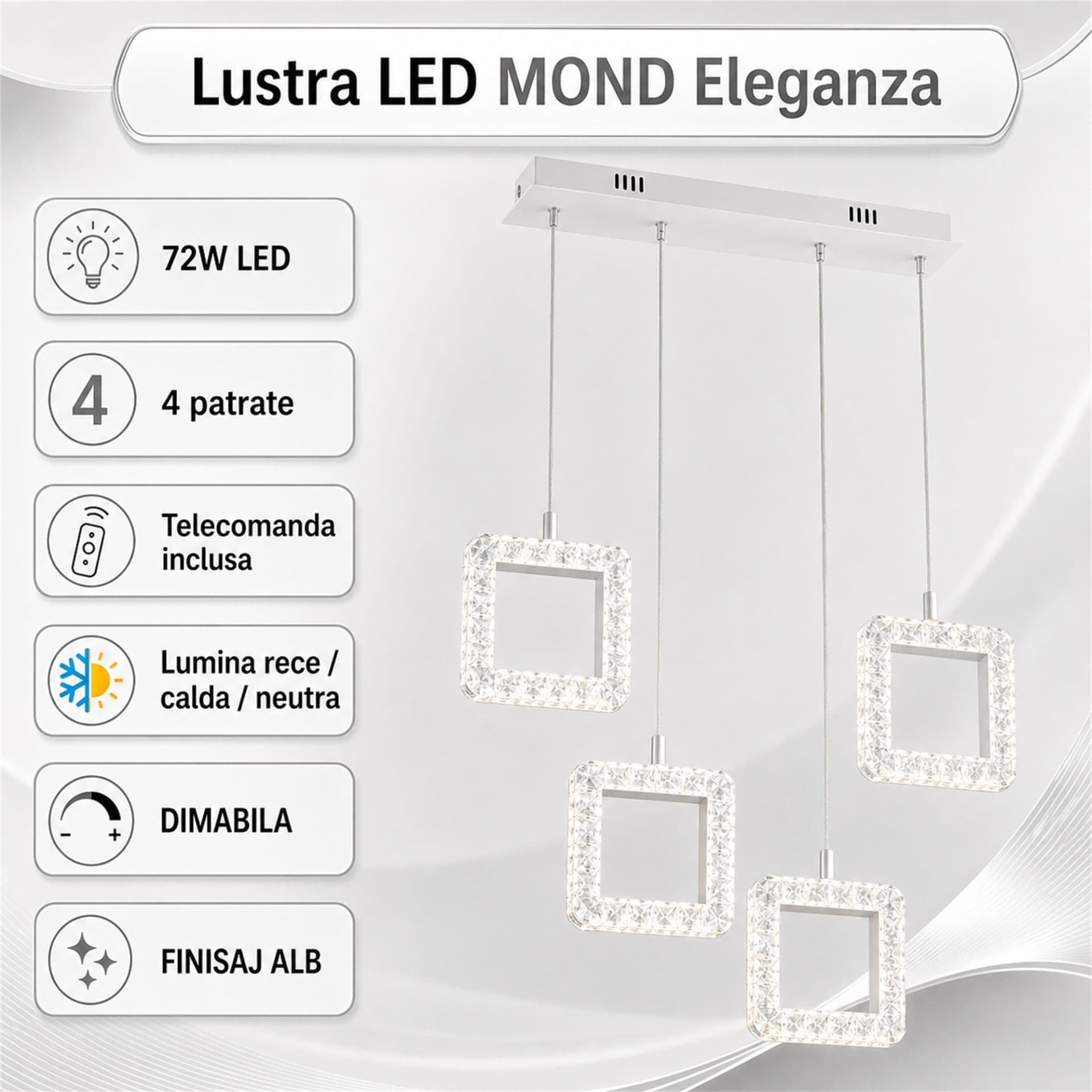 Lustra LED Flippy Eleganza 72W, telecomanda, cristal, Alb — imagine 3