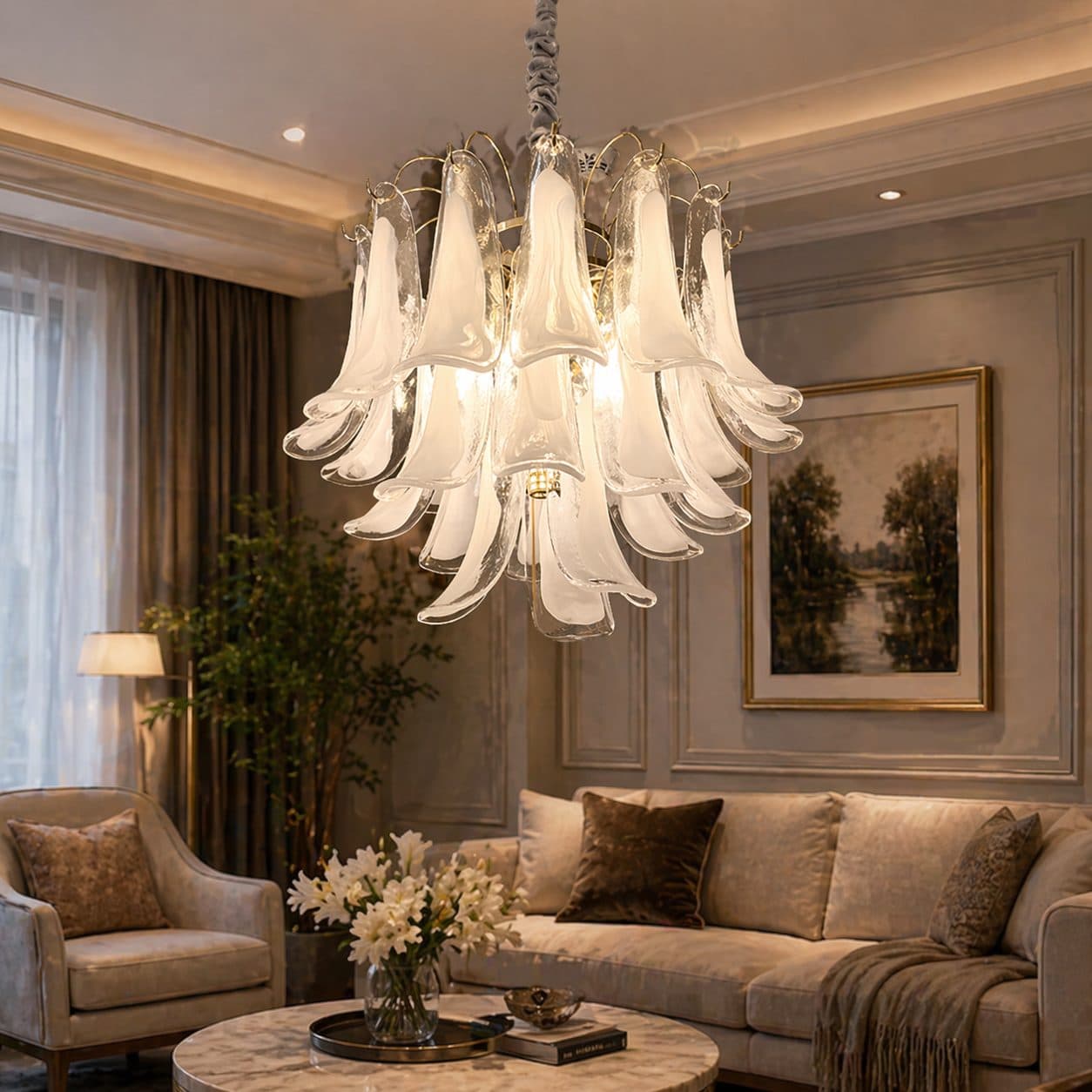 Candelabru Cristal MURANO Magno 7x E14, Diametru 60 cm, Alb, Inaltime Reglabila — imagine 6