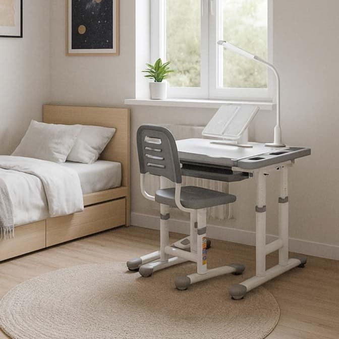 Set birou reglabil cu scaun ergonomic IKONKA, gri/alb, 70 x 51 cm — imagine 1