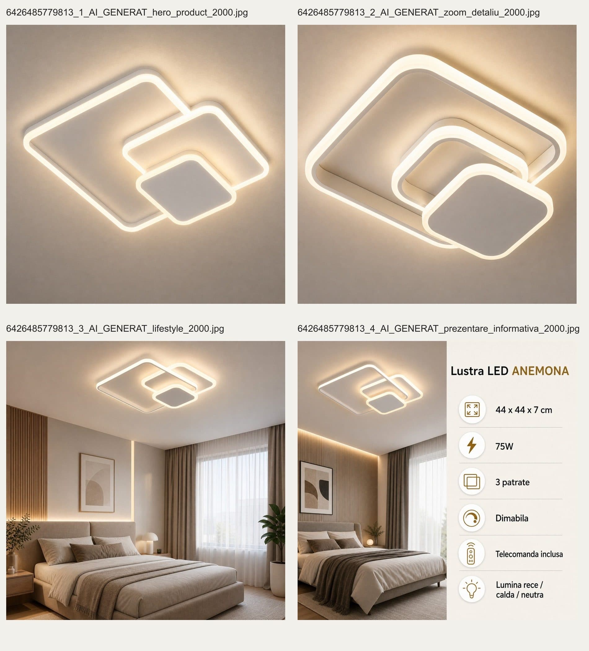Lustra LED ANEMONA 75W, 3 Patrate, cu telecomanda, lumina Rece/Calda/Neutra, Dimabila, Alb — imagine 5