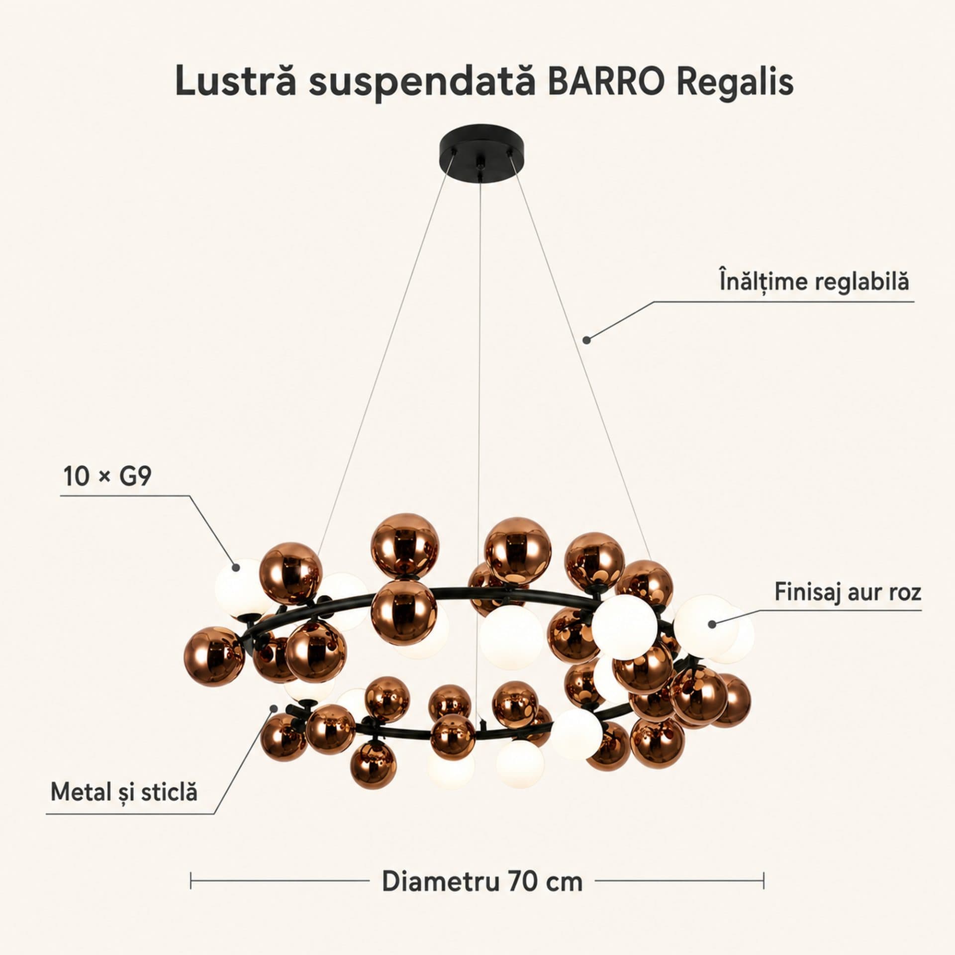 Lustra Suspendata Flippy Regalis D70cm Aur Roz Metal si Sticla — imagine 8