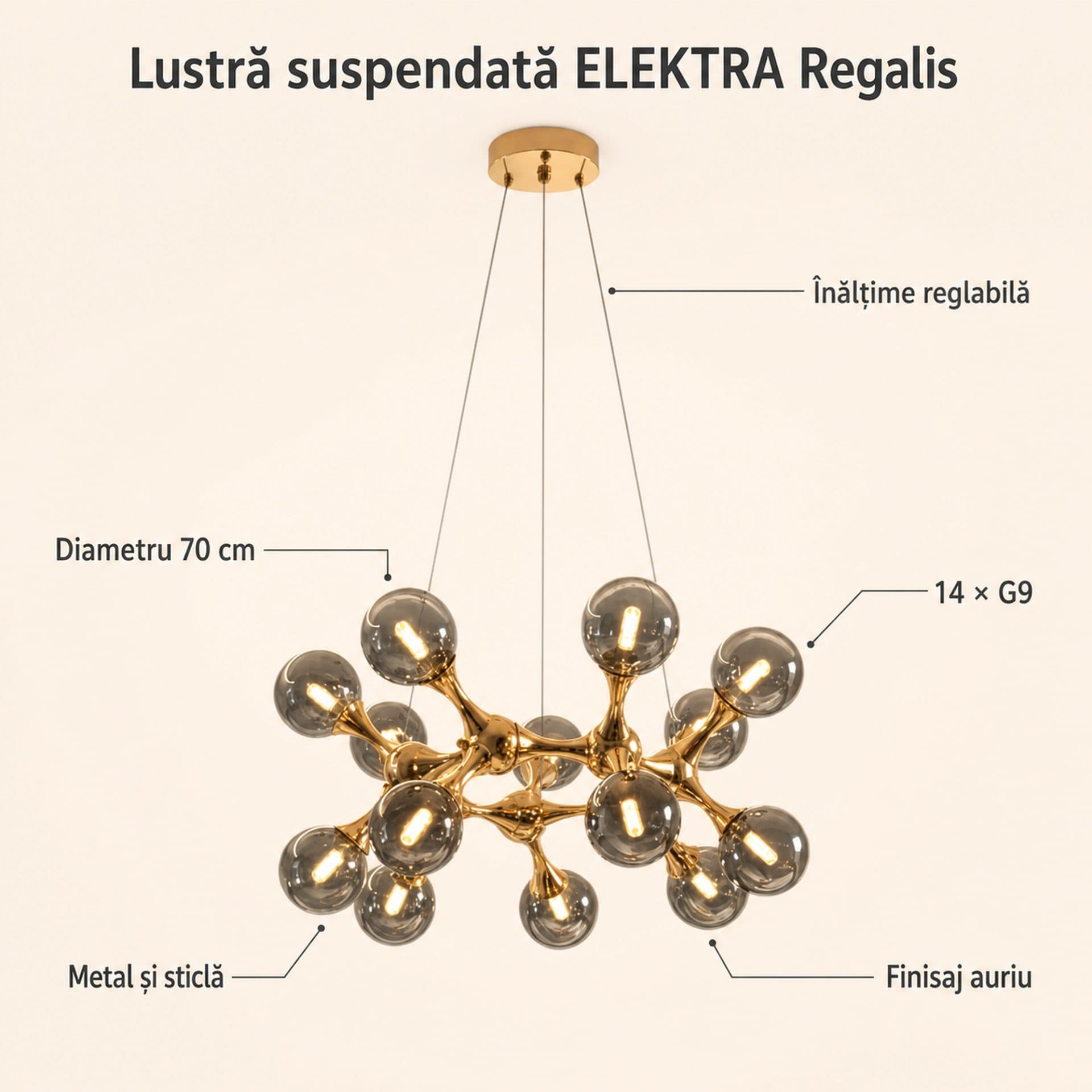 Lustra Suspendata Flippy Regalis Ø70cm 14xG9 Auriu Metal si Sticla — imagine 12