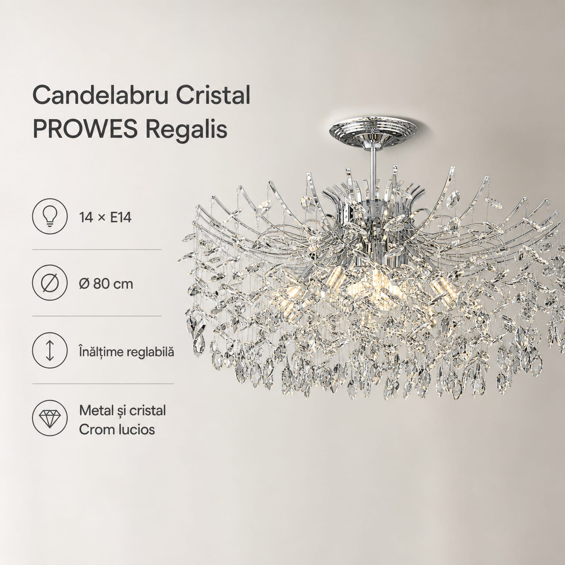 Candelabru cristal PROWES Regalis, 14xE14, 80 cm, crom lucios — imagine 7