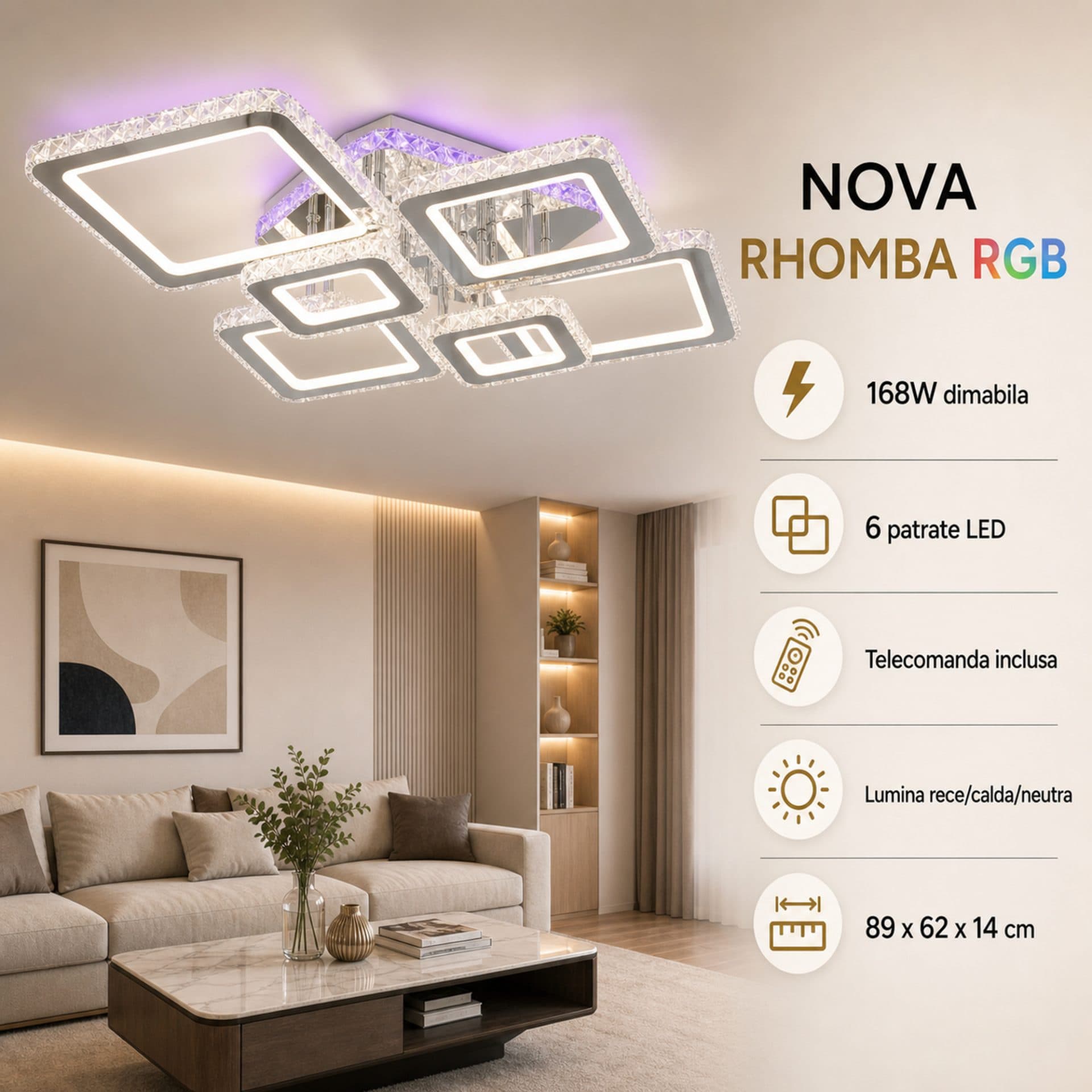 Lustra LED Flippy NOVA RHOMBA RGB 168W, 6 Patrate, telecomanda, Crom Lucios — imagine 4