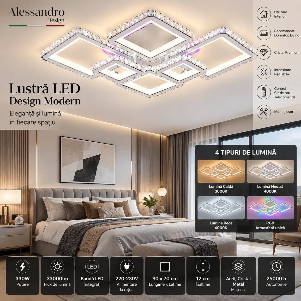 Lustra LED RGB cu telecomanda Flippy QUADRIS 175W — imagine 2