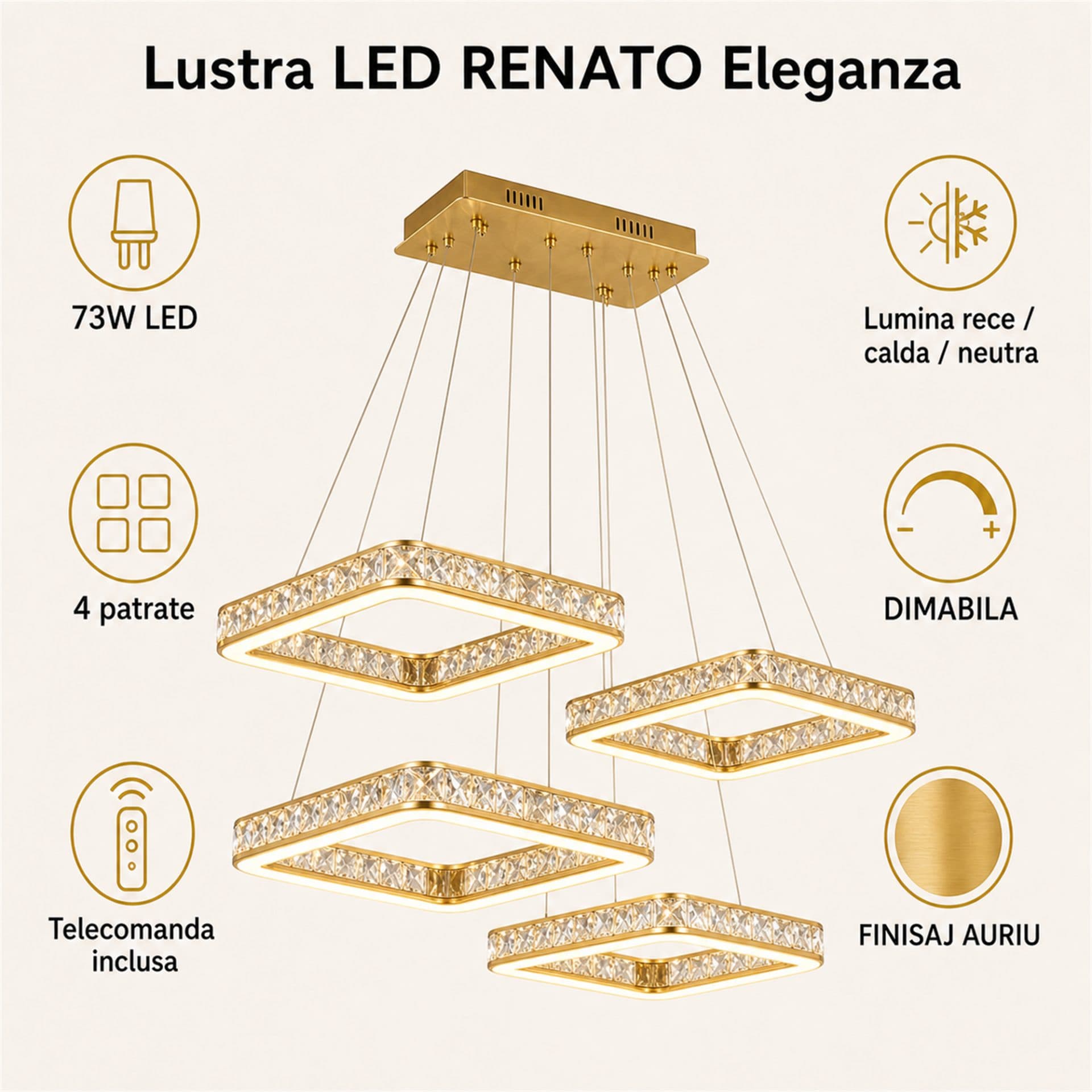 Lustra LED Flippy Eleganza 73W 4 Patrate Auriu — imagine 2