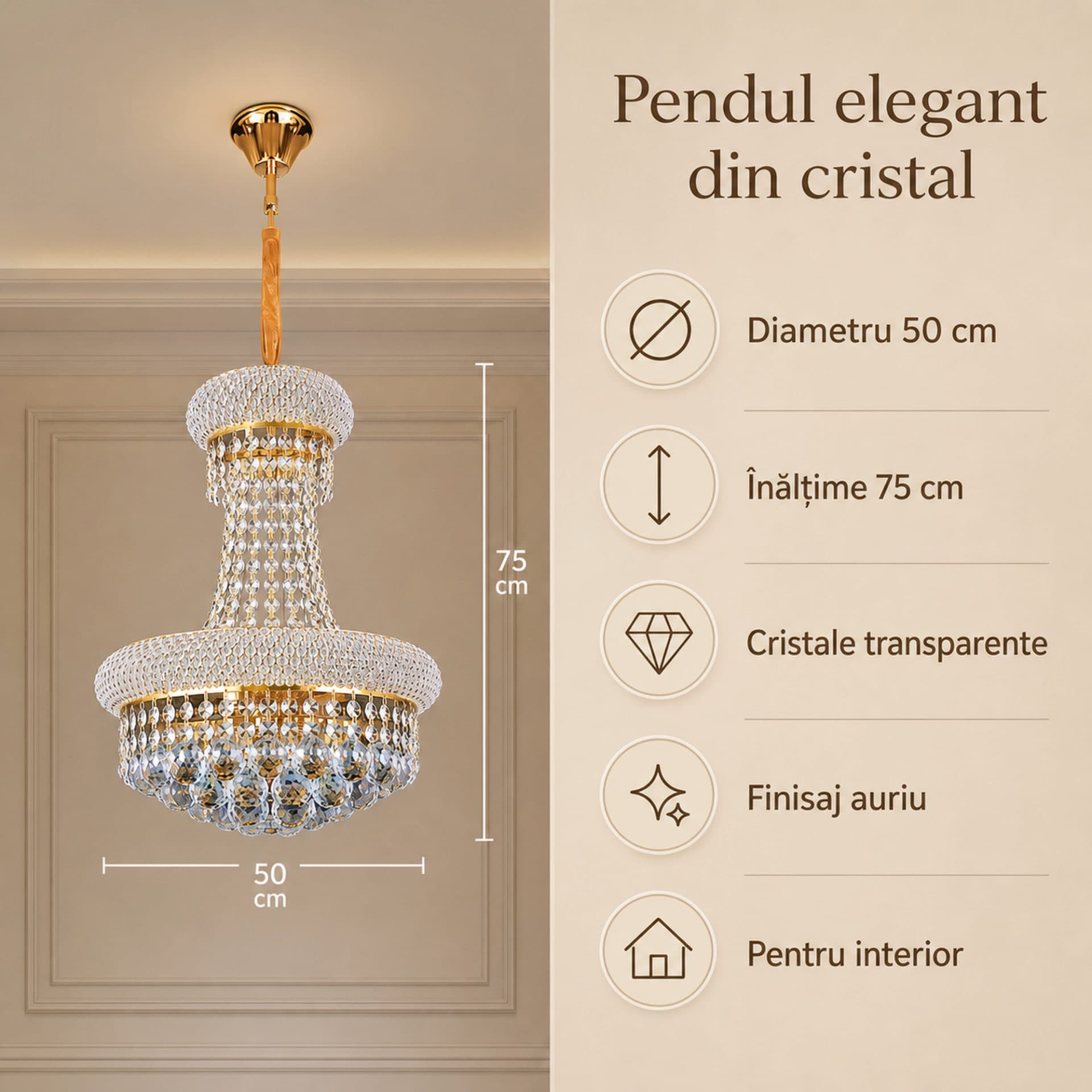Candelabru Flippy Cristal NUVOLA Elegenza 12x E14 D50 cm Auriu Inaltime Reglabila — imagine 12