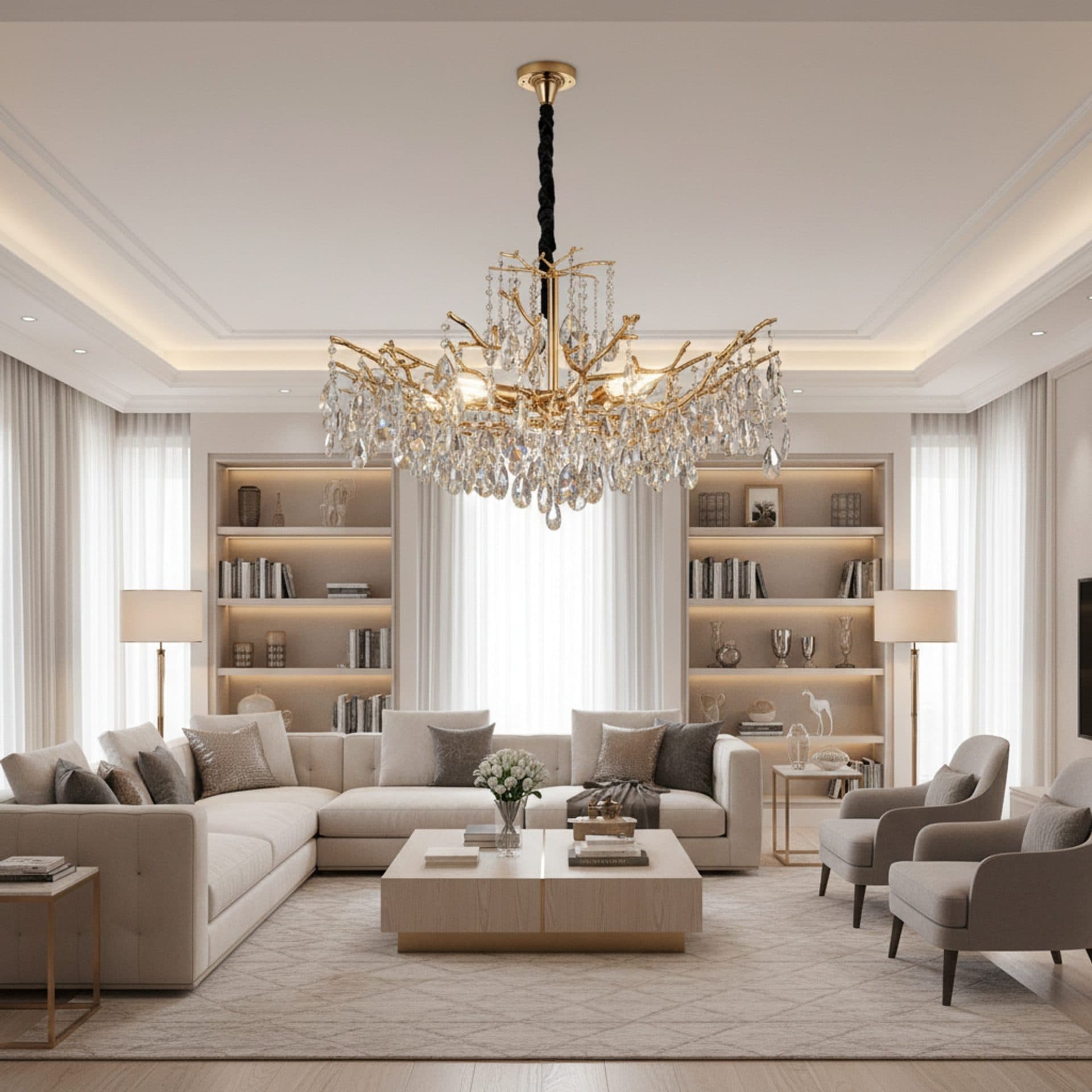Candelabru Flippy Cristal REINA Regalis, 8x E14, D80cm, Auriu, Metal si Cristal — imagine 1