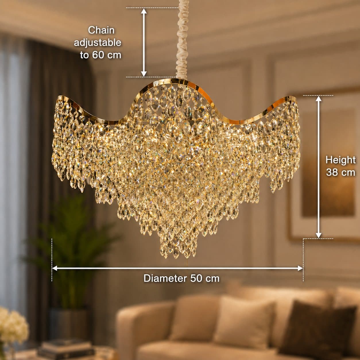Candelabru Flippy Cristal VELOURA Eleganza 9xE14 D50 cm Auriu Inaltime Reglabila Metal si Cristal — imagine 8
