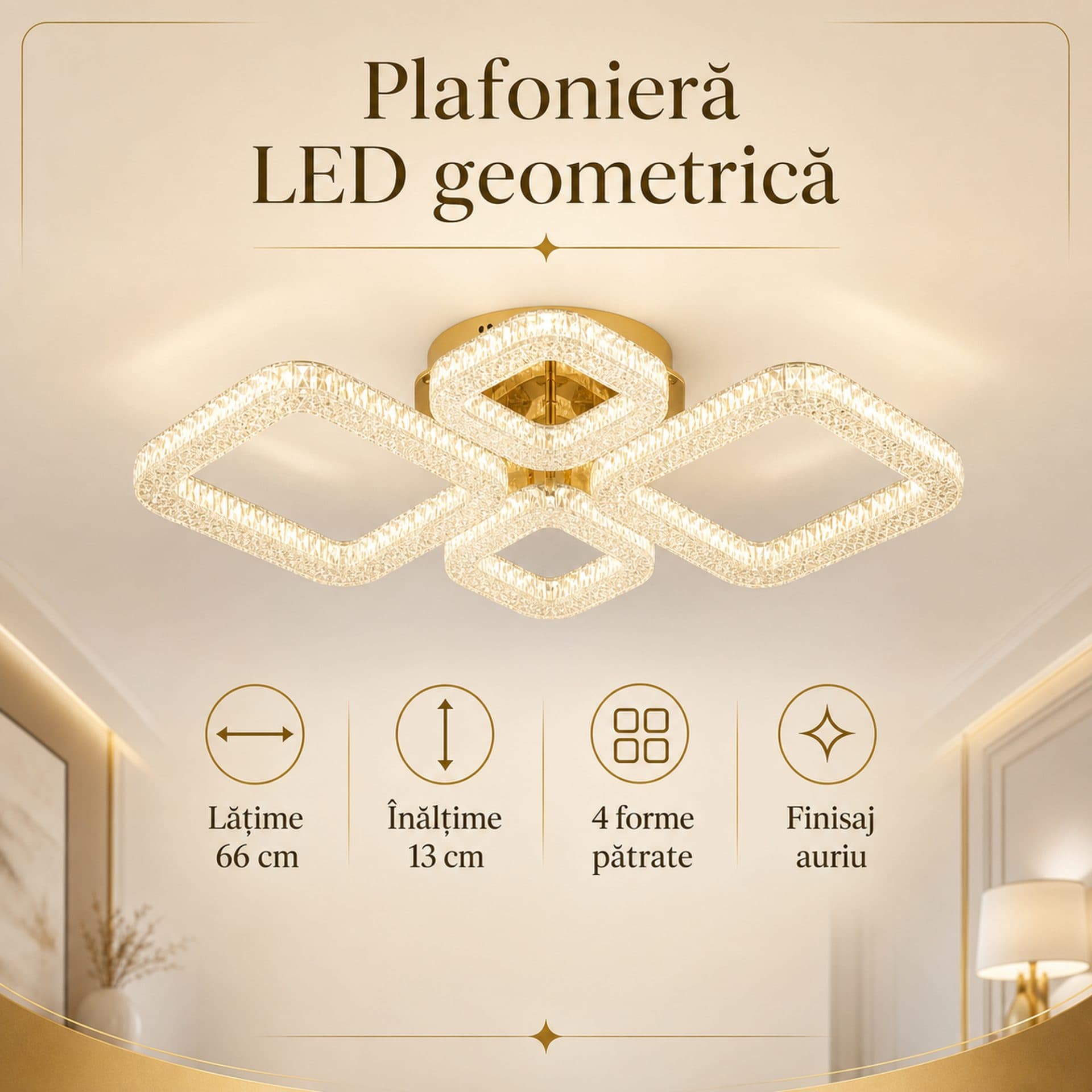 Lustra LED Flippy Eleganza 73W 4 Patrate Auriu — imagine 8