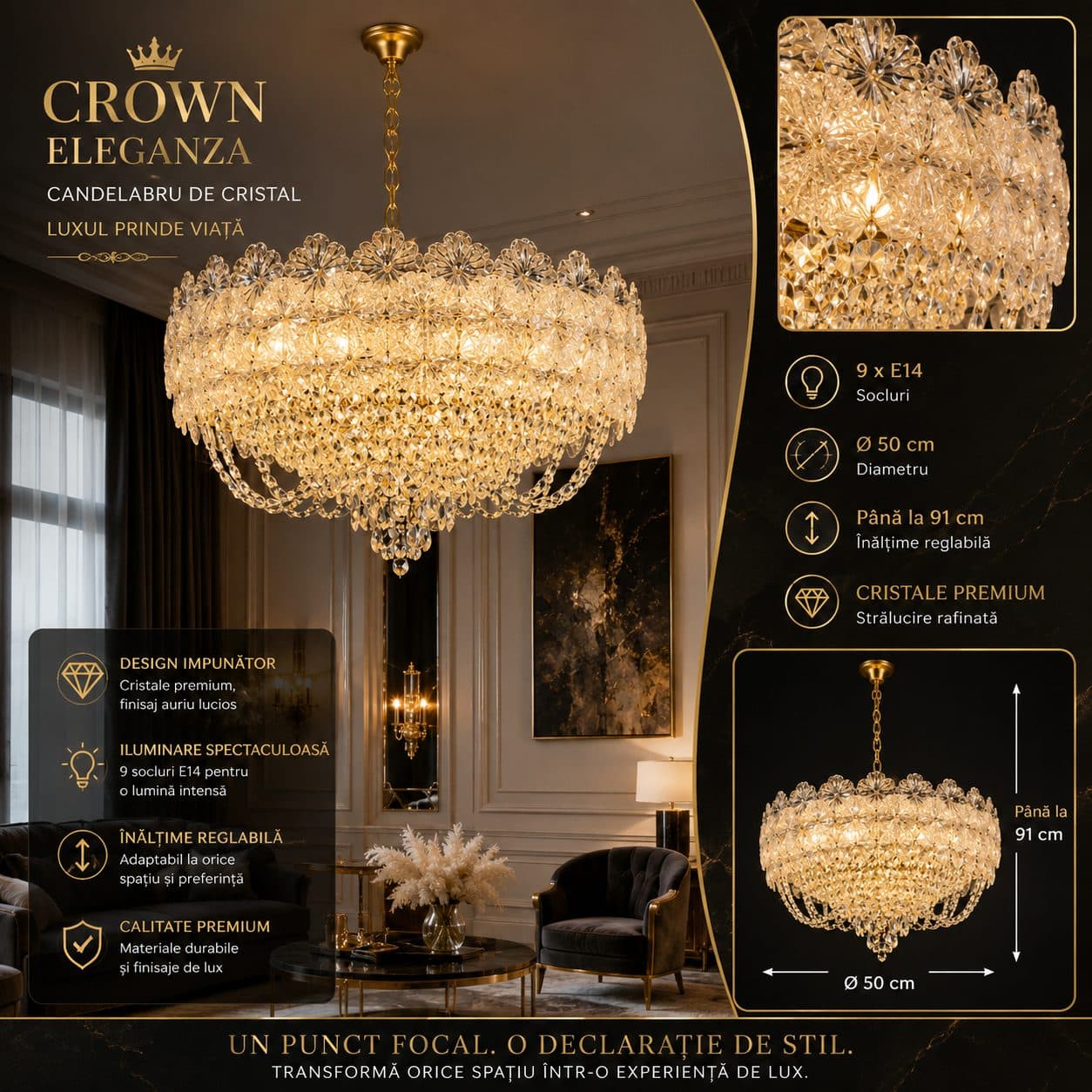 Candelabru Cristal CROWN Eleganza 9xE14, Diametru 50cm, Inaltime 41cm, Auriu Lucios — imagine 2