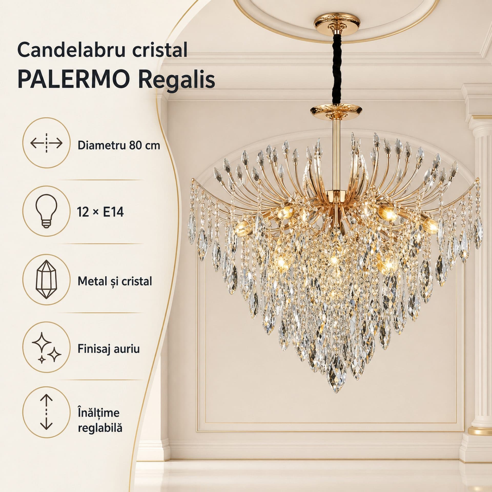 Candelabru Flippy Cristal PALERMO Regalis, 12x E14, Diametru 80cm, Auriu — imagine 7