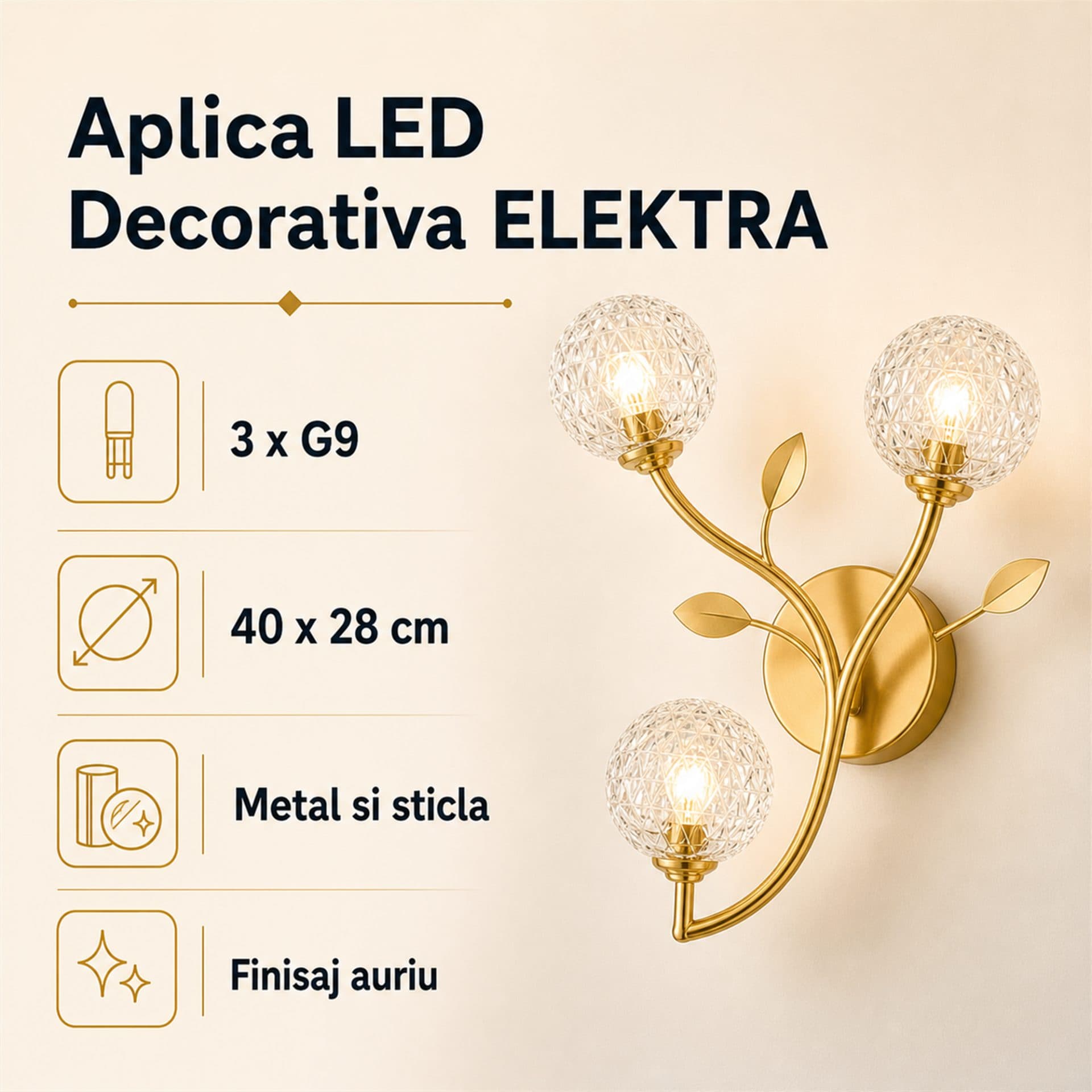 Aplica de perete Flippy LED Decorativa ELEKTRA 3xG9 Auriu — imagine 12