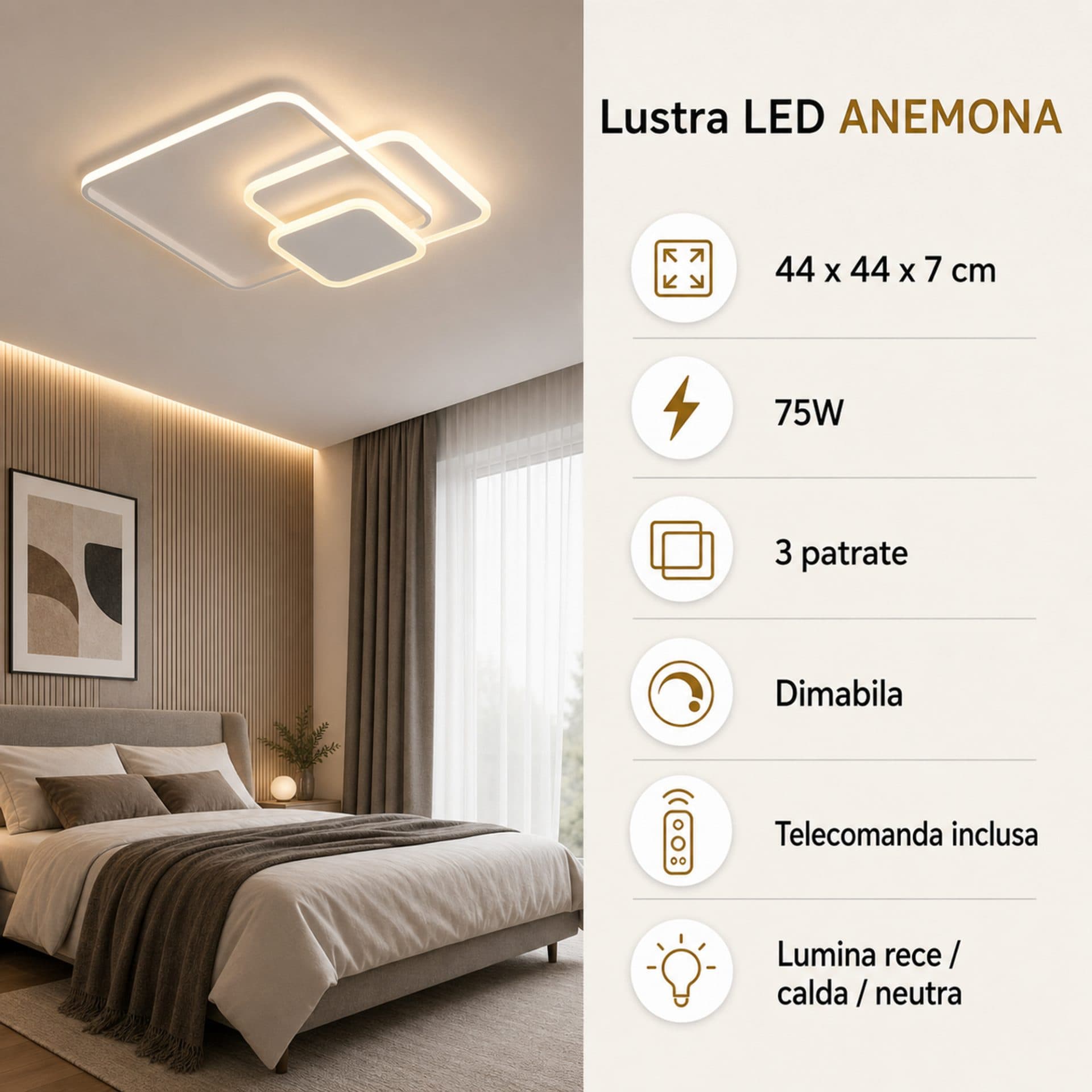 Lustra LED ANEMONA 75W, 3 Patrate, cu telecomanda, lumina Rece/Calda/Neutra, Dimabila, Alb — imagine 4