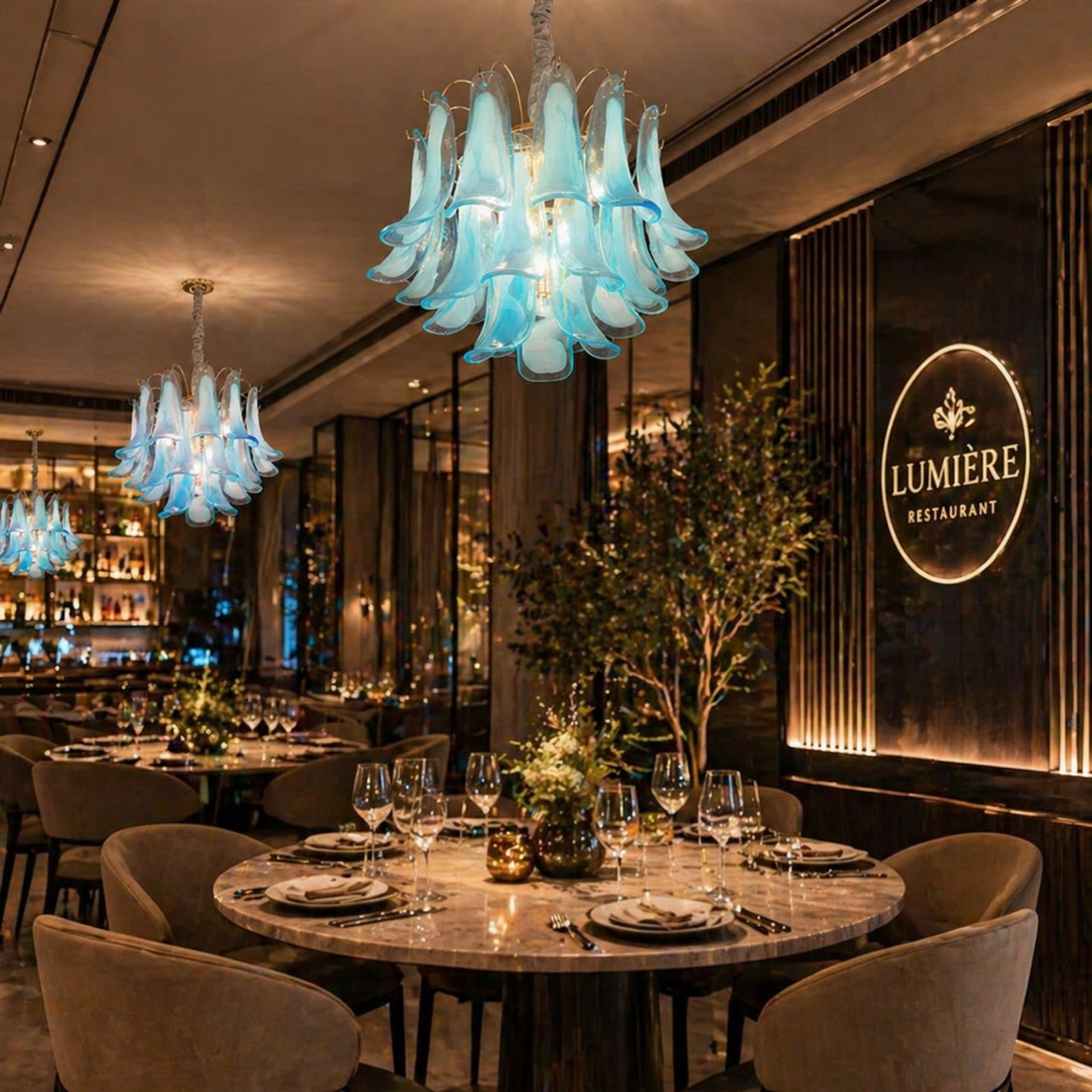 Candelabru Flippy Cristal MURANO Magno 7xE14, D60 cm, Albastru, Inaltime Reglabila, Metal si Cristal — imagine 2