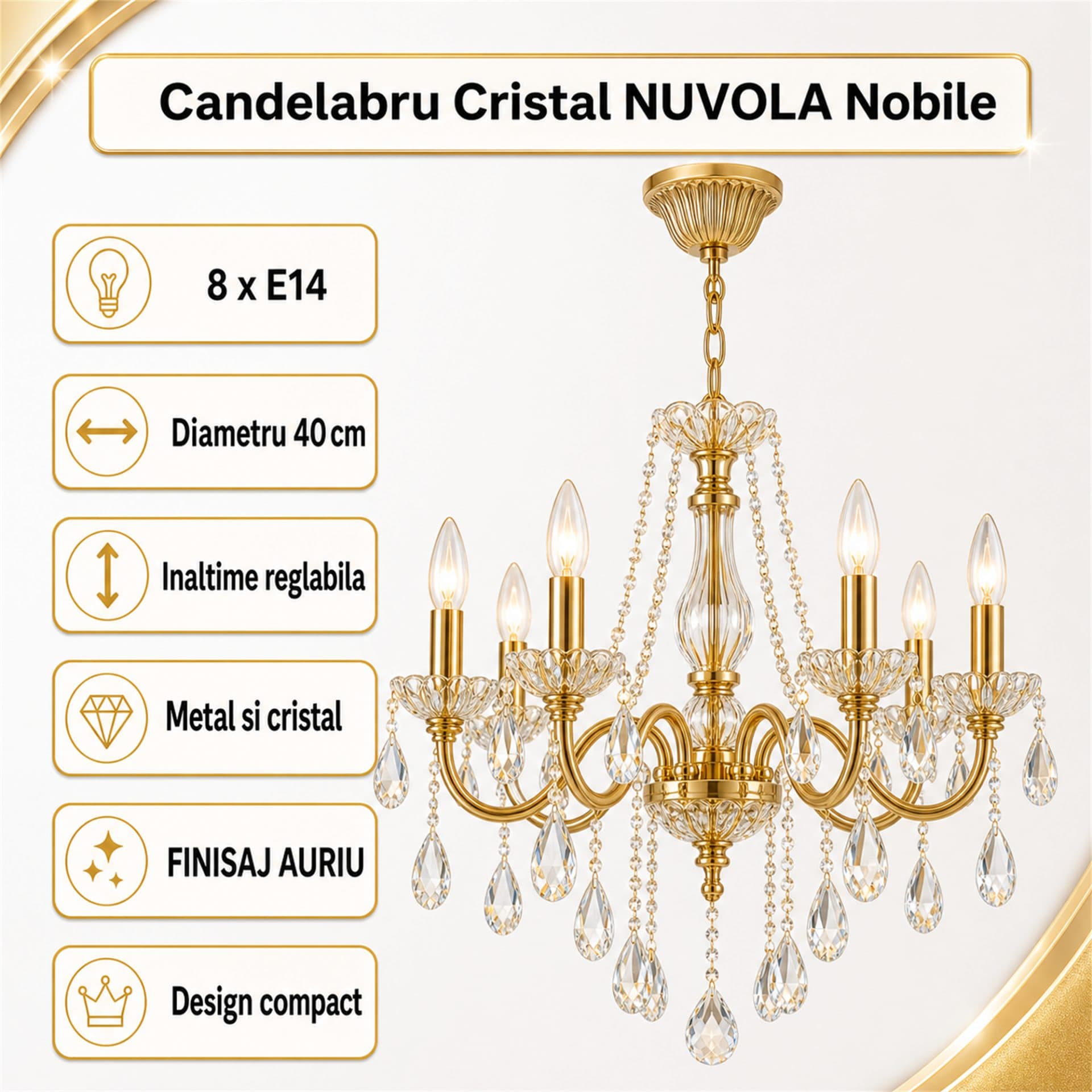 Candelabru Flippy Cristal NUVOLA Nobile Auriu 8xE14 D40 cm — imagine 3