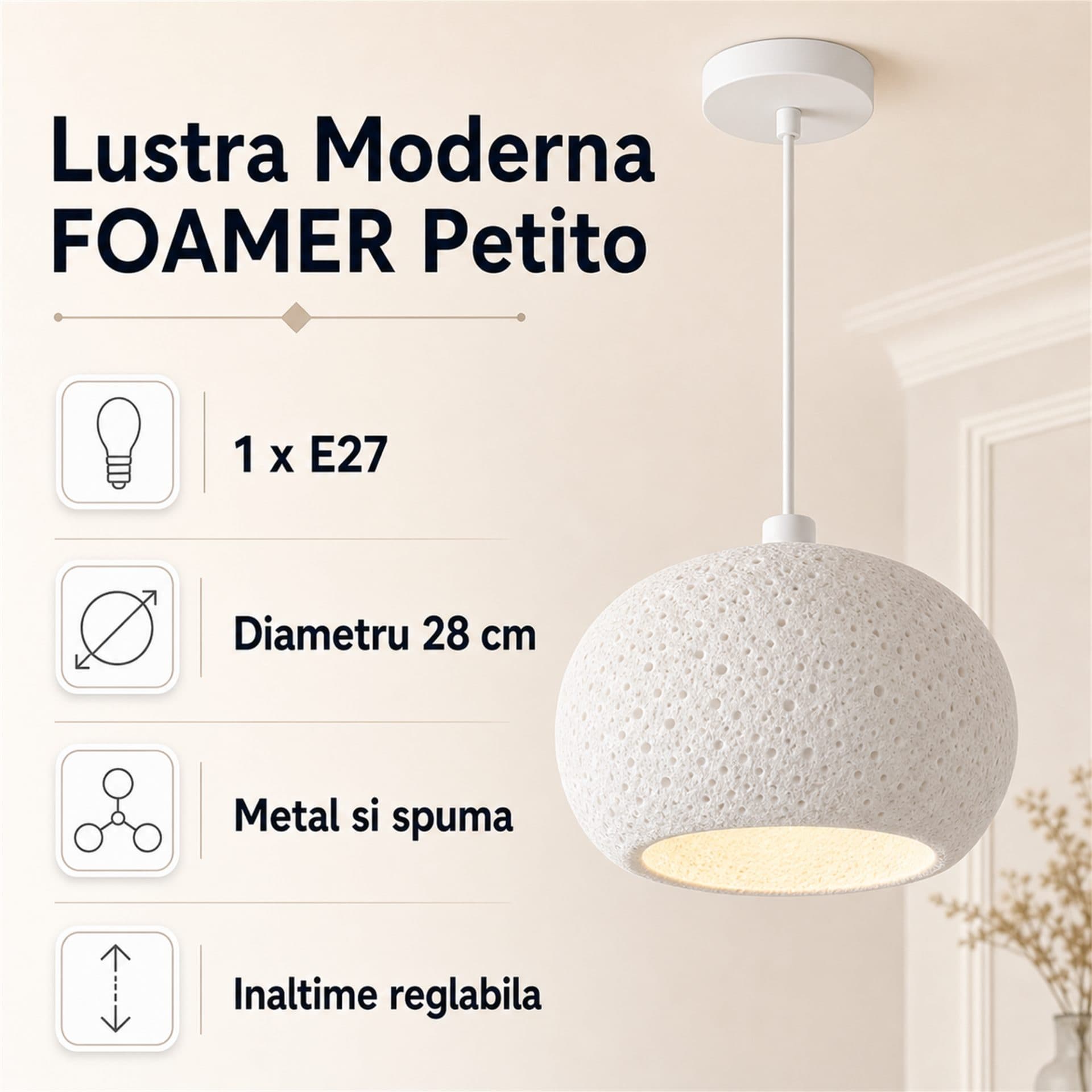Lustra Flippy FOAMER Petito, 28 cm, Suspendata, 1 X E27, Alb, Metal si Spuma, Inaltime Reglabila — imagine 6