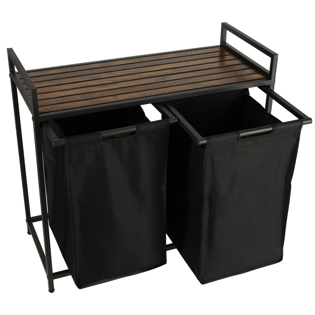 Cos de rufe cu doua compartimente, raft si blat din lemn, model LOFT, negru — imagine 4