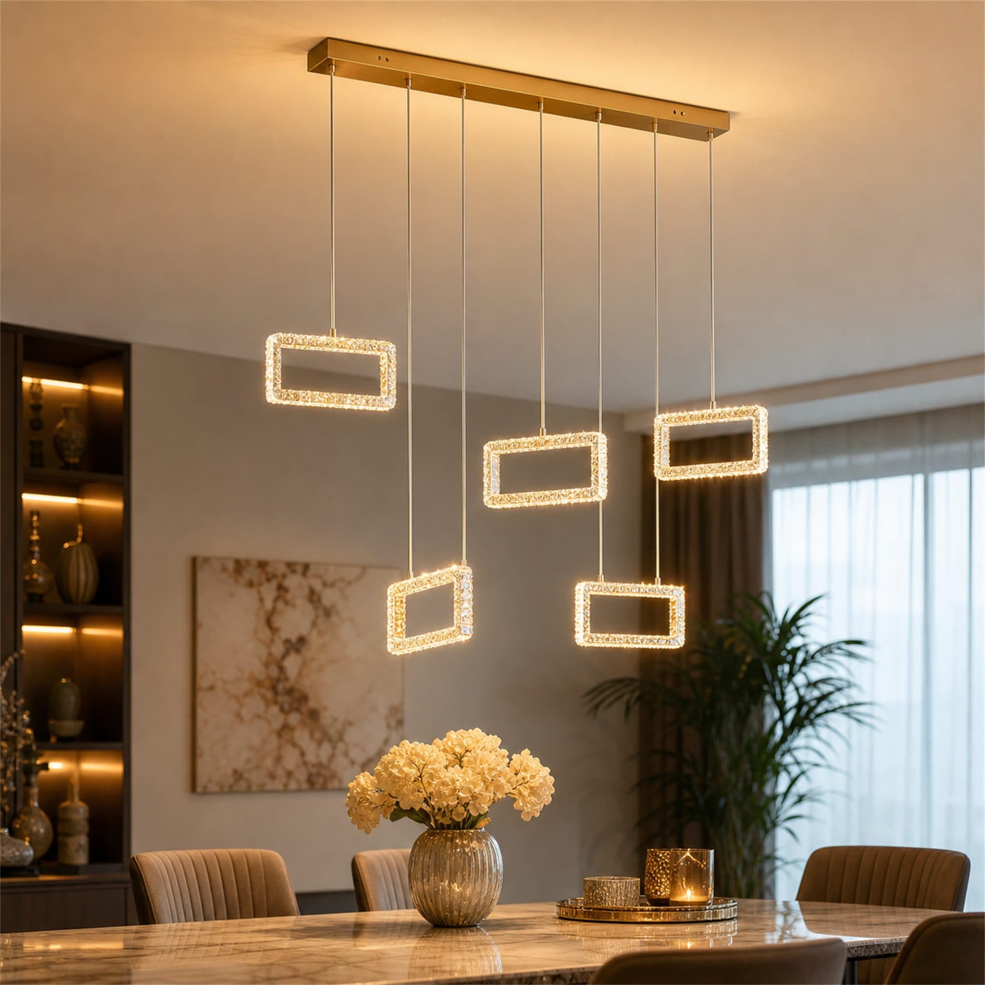 Lustra LED Flippy Magno cu telecomanda si cristal, 66W, 5 Surse, Lumina Rece/Calda/Neutra, Dimabila, Auriu — imagine 2
