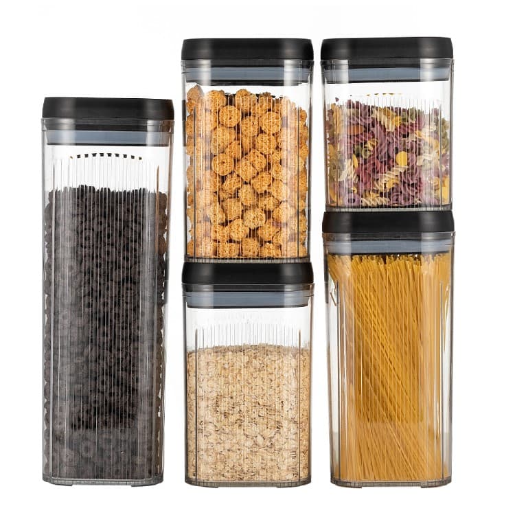 Set cutii depozitare alimente Flippy, 5 piese, transparente cu capac negru — imagine 1
