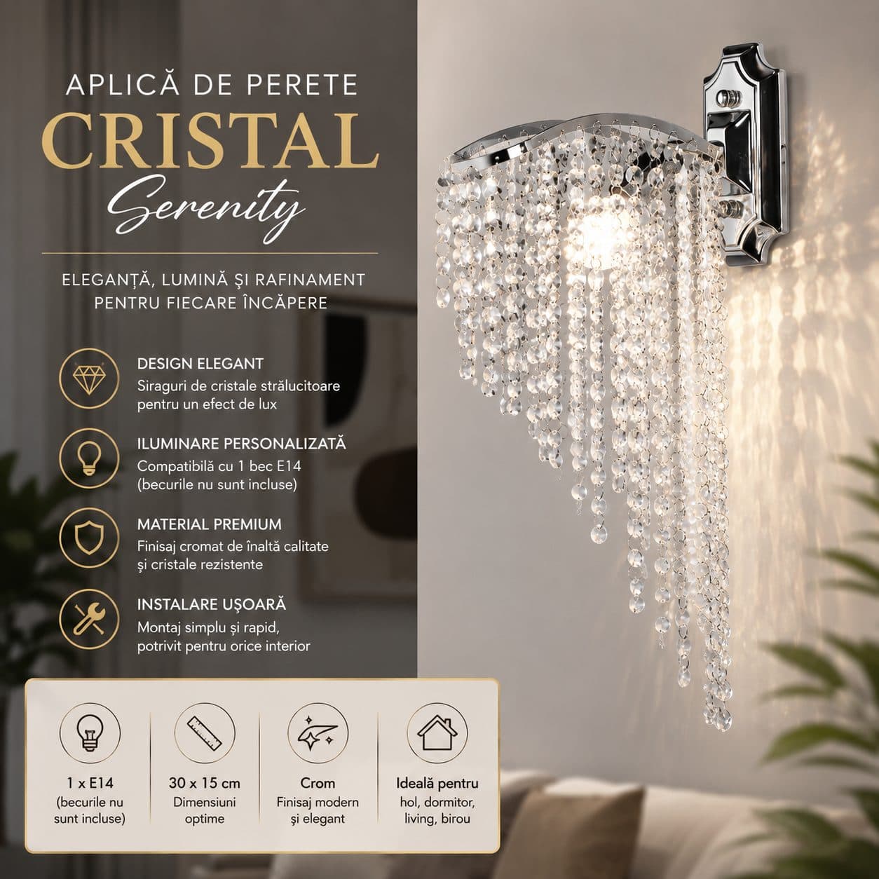 Aplica de perete Cristal Serenity Flippy Crom Lucios 1x E14 — imagine 2