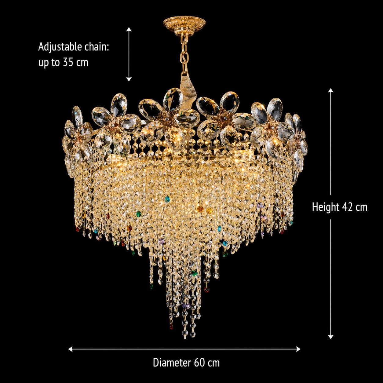 Candelabru Flippy Cristal BLOSSOM Magno, 8x E14, 60cm, Auriu Lucios, Inaltime Reglabila, Metal si Cristal — imagine 8