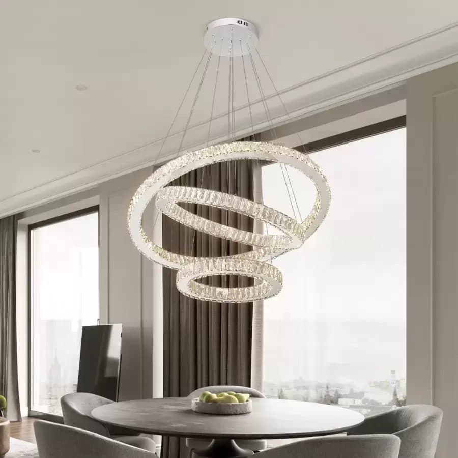 Lustra LED suspendata Flippy cu telecomanda si cristal CAYDEN 200W, 3 Cercuri, lumina Rece/Calda/Neutra, Dimabila, Crom Lucios, Inaltime Reglabila — imagine 4
