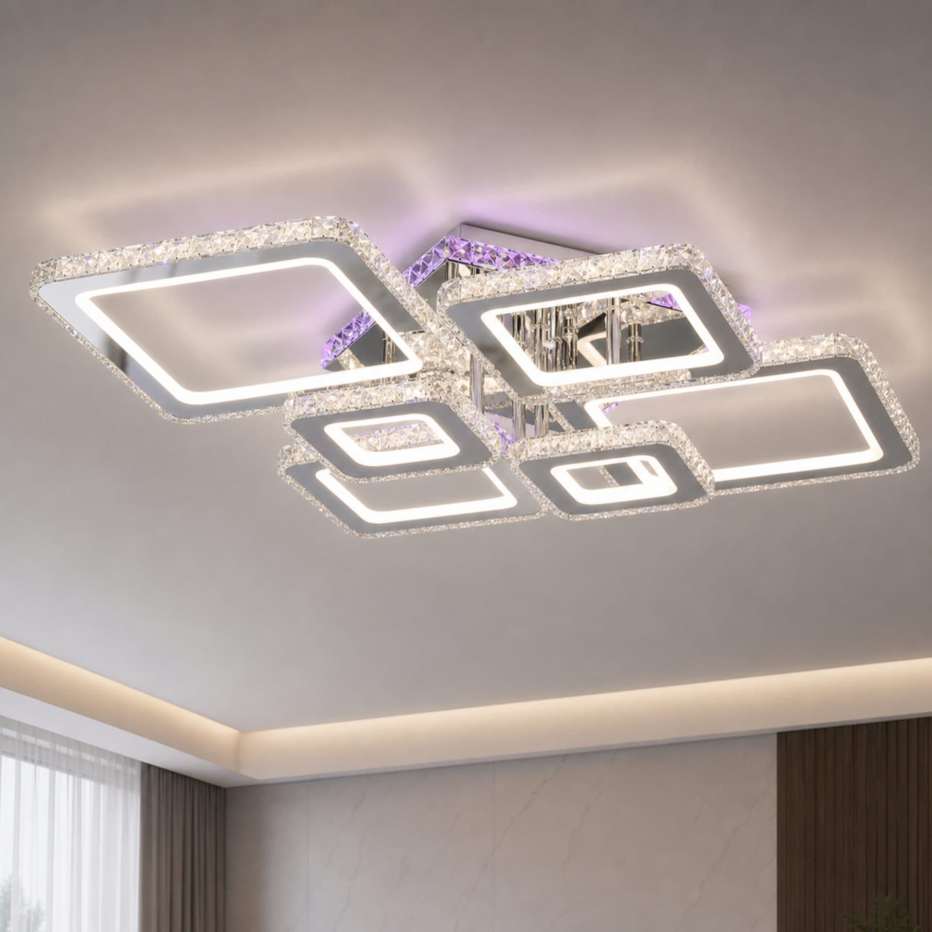 Lustra LED Flippy NOVA RHOMBA RGB 168W, 6 Patrate, telecomanda, Crom Lucios — imagine 1