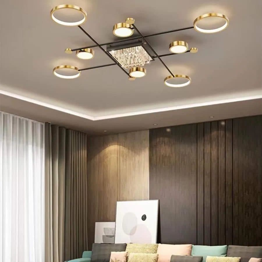 Lustra LED cu telecomanda si cristale, 168W, 9 Elementele, Negru Auriu — imagine 1