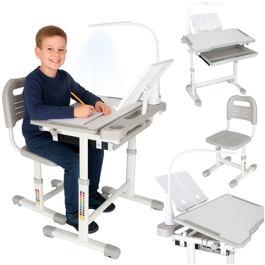 Set birou reglabil cu scaun ergonomic IKONKA, gri/alb, 70 x 51 cm — imagine 2