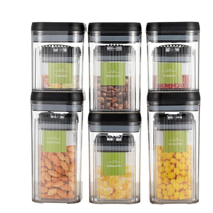 Set cutii depozitare alimente Flippy, 12 piese, transparente cu capac negru — imagine 1