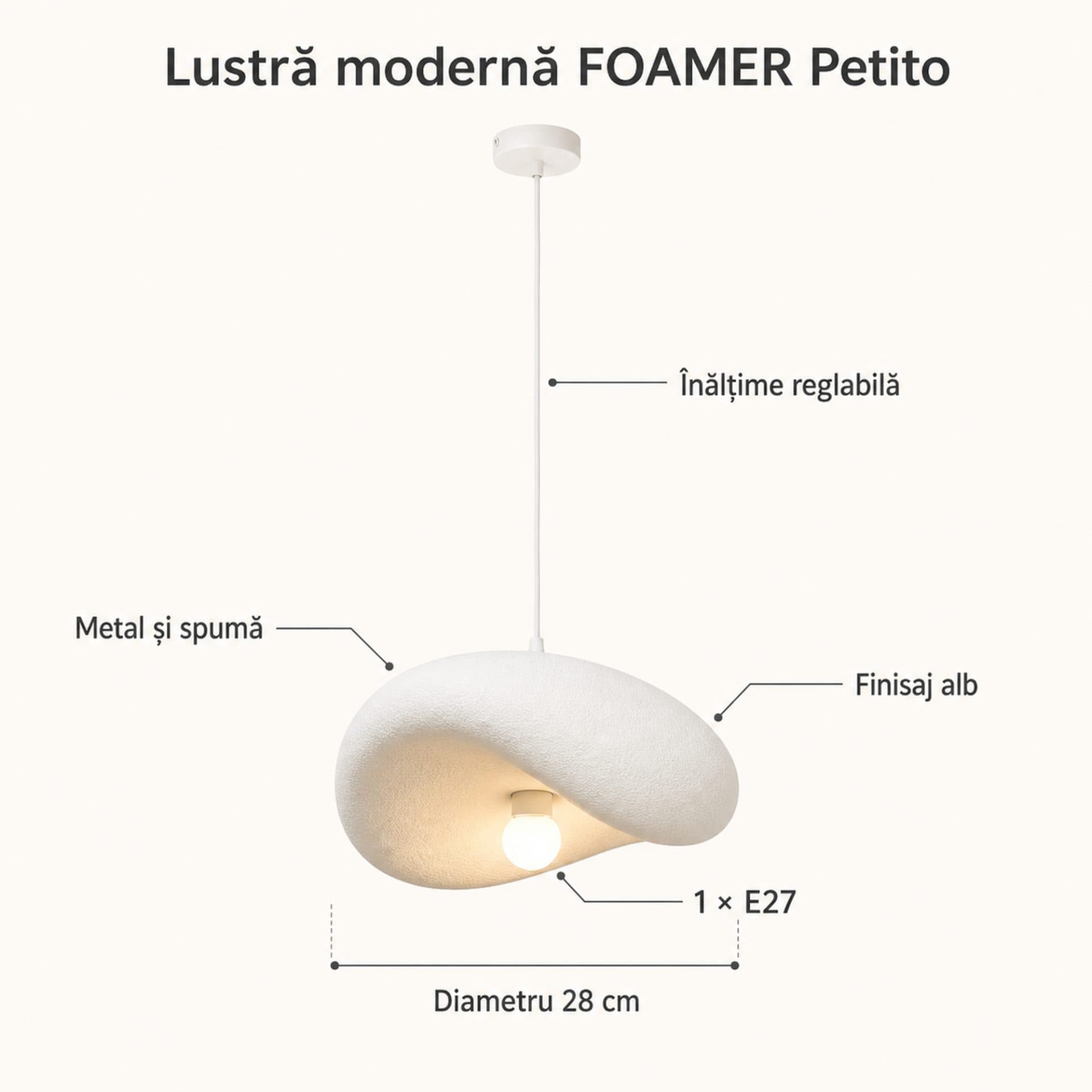 Lustra Flippy FOAMER Petito, 28 cm, Suspendata, 1 X E27, Alb, Metal si Spuma, Inaltime Reglabila — imagine 12