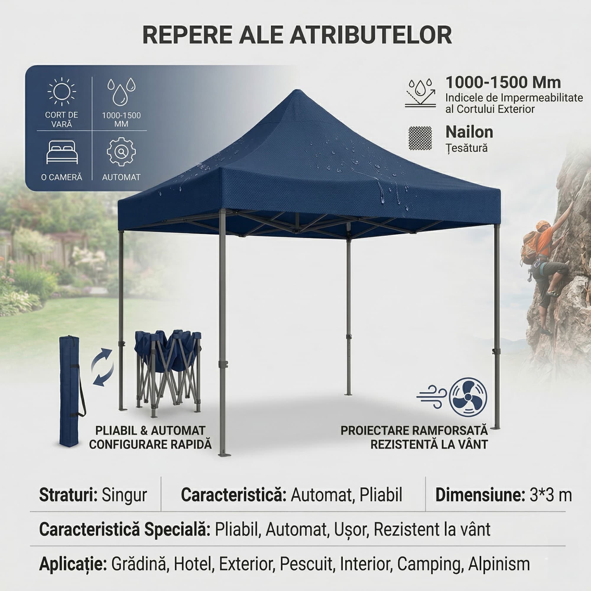 Cort Pavilion Flippy 3x3m, cadru metal pliabil, albastru — imagine 3