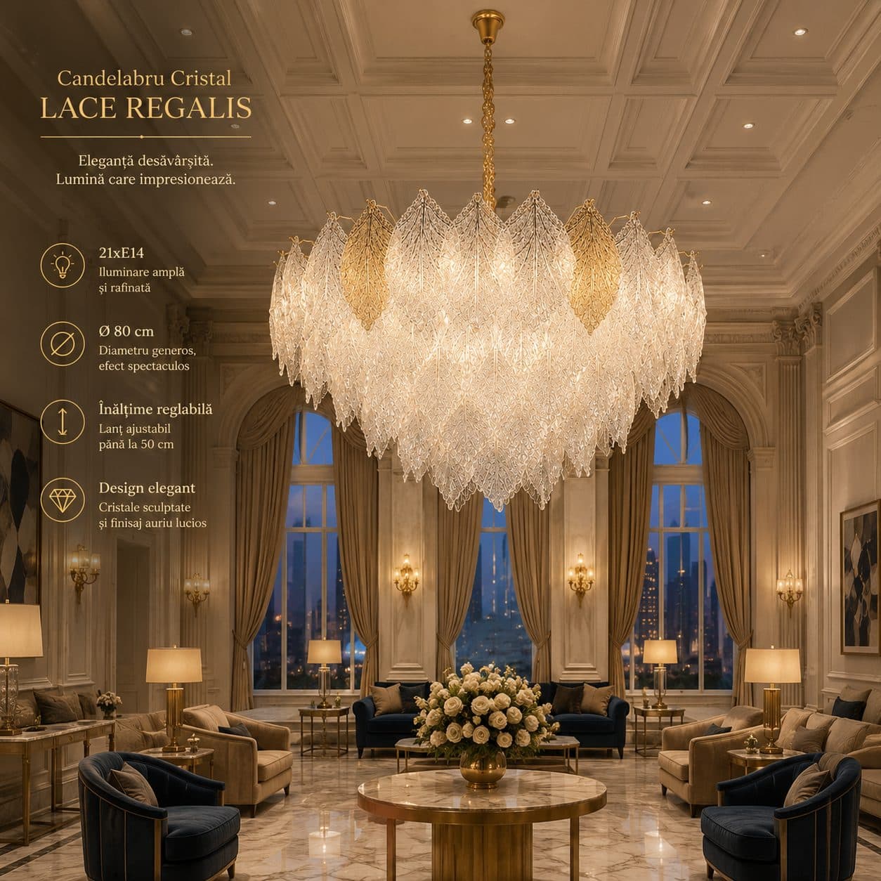 Candelabru Cristal Lace Regalis Flippy 21xE14 Diametru 80 cm Inaltime 49 cm Auriu Lucios — imagine 2