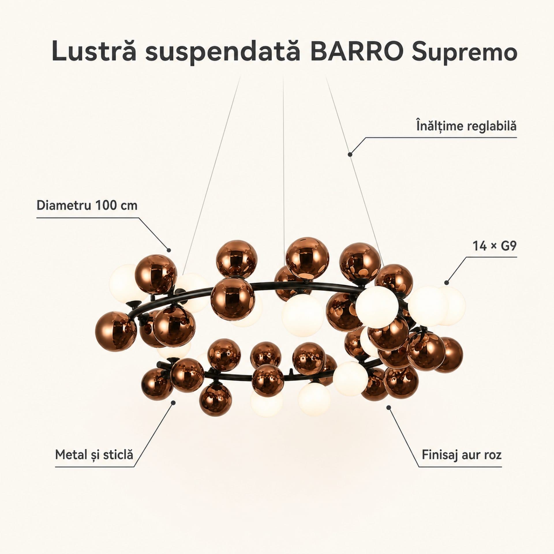 Lustra Suspendata Flippy BARRO Supremo D100cm 14x G9 Aur Roz Metal si Sticla — imagine 9