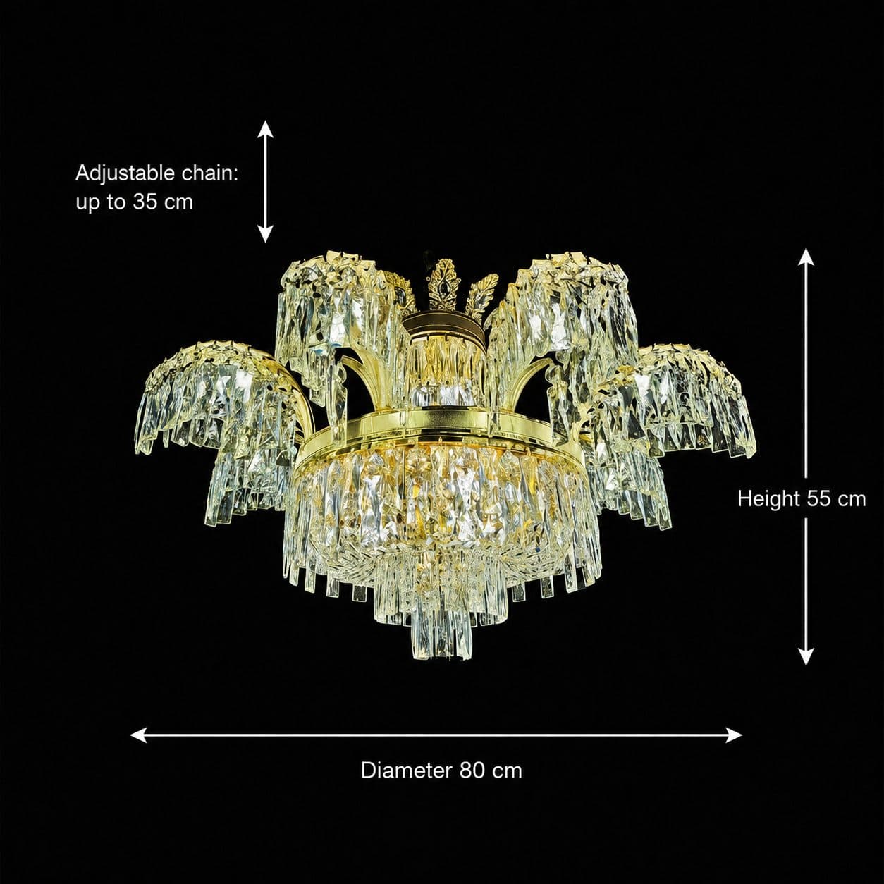 Candelabru Cristal, 8 brate, D80cm, Auriu Lucios, Inaltime Reglabila, Metal si Cristal — imagine 9