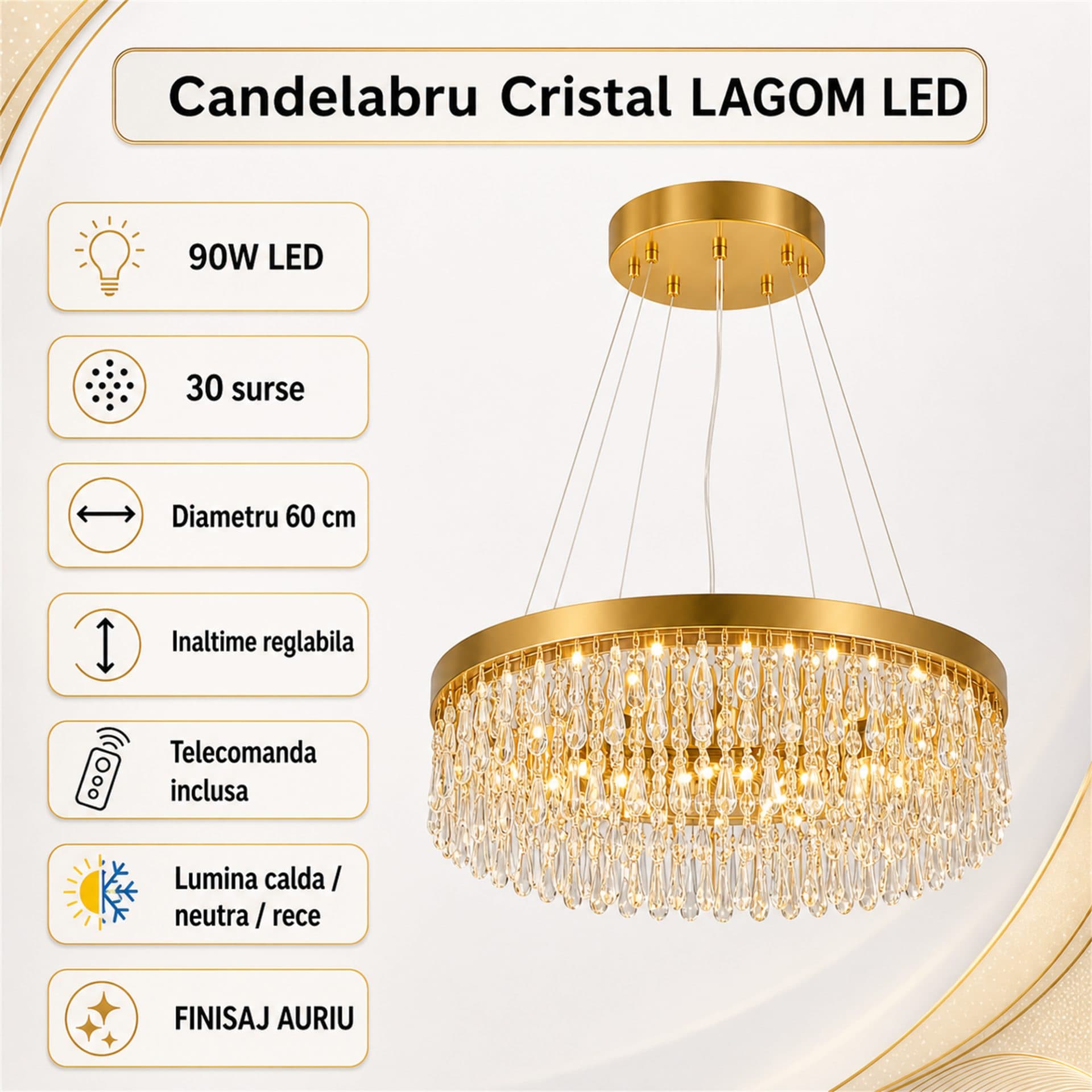 Candelabru Flippy Cristal LAGOM LED cu Telecomanda, Suspendat, 30 Surse, 90W, Diametru 60cm, Auriu, Metal si Cristal — imagine 3