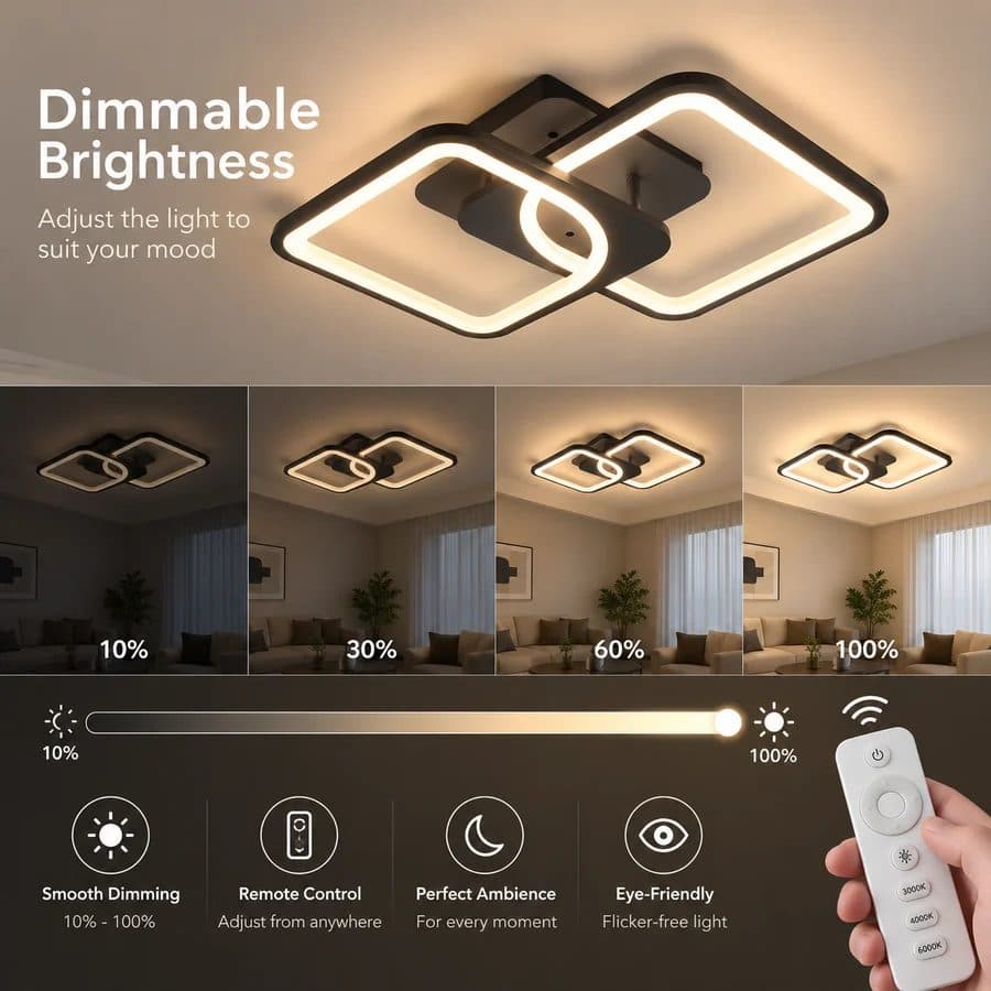 Lustra LED cu telecomanda ZOE 27W, 2 Patrate, Dimabila, Negru — imagine 4