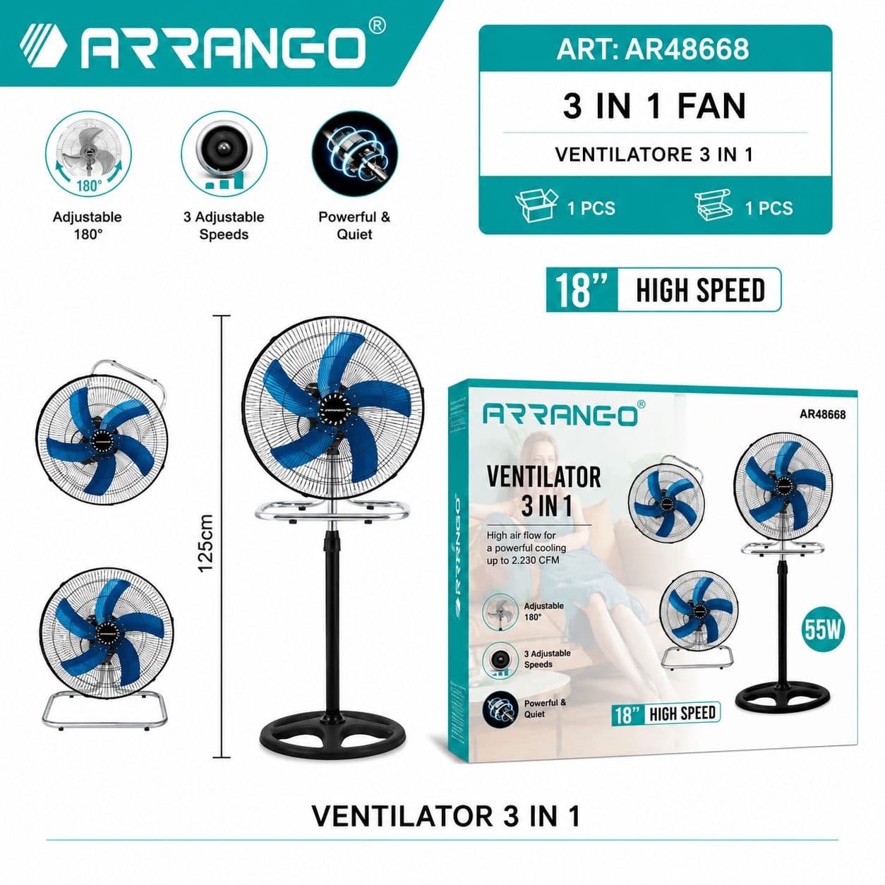 Ventilator cu picior Flippy, 55W, Negru — imagine 3