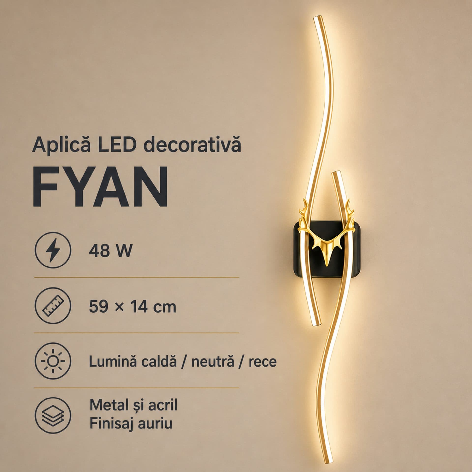 Aplica LED decorativa Flippy FYAN, 48W, 59x14cm, auriu — imagine 8