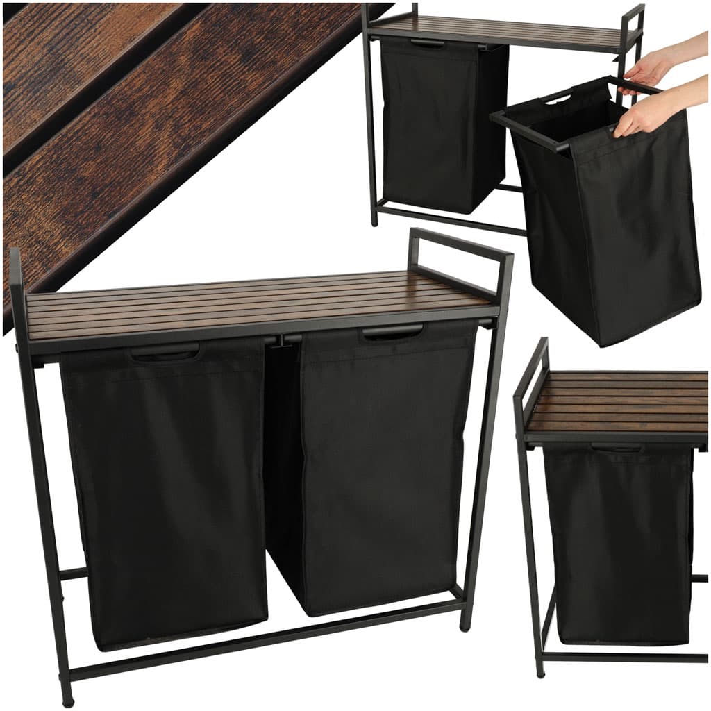 Cos de rufe cu doua compartimente, raft si blat din lemn, model LOFT, negru — imagine 1