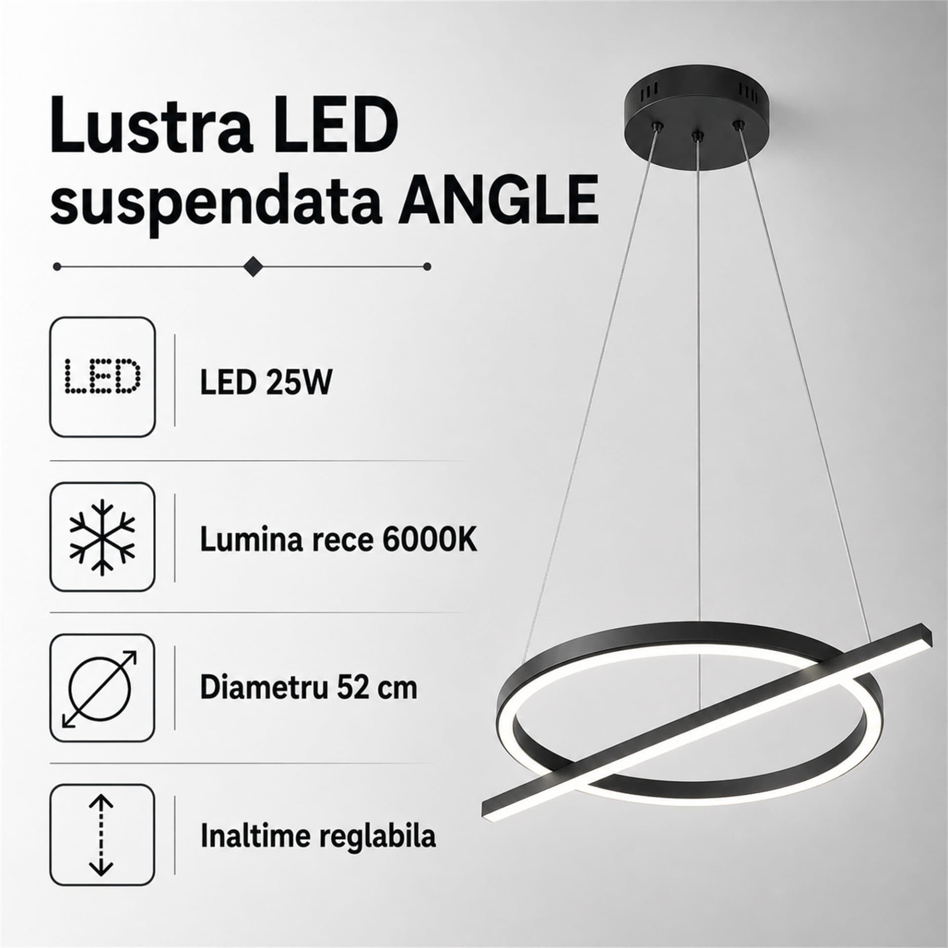 Lustra LED suspendata Flippy D52cm 25W Inaltime Reglabila Lumina Rece Negru Metal si Acril — imagine 4