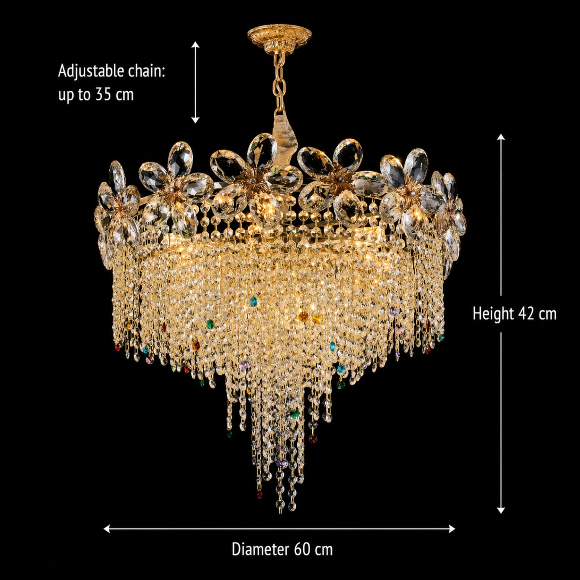 Candelabru Flippy Cristal BLOSSOM Magno, 8x E14, 60cm, Auriu Lucios, Inaltime Reglabila, Metal si Cristal — imagine 4