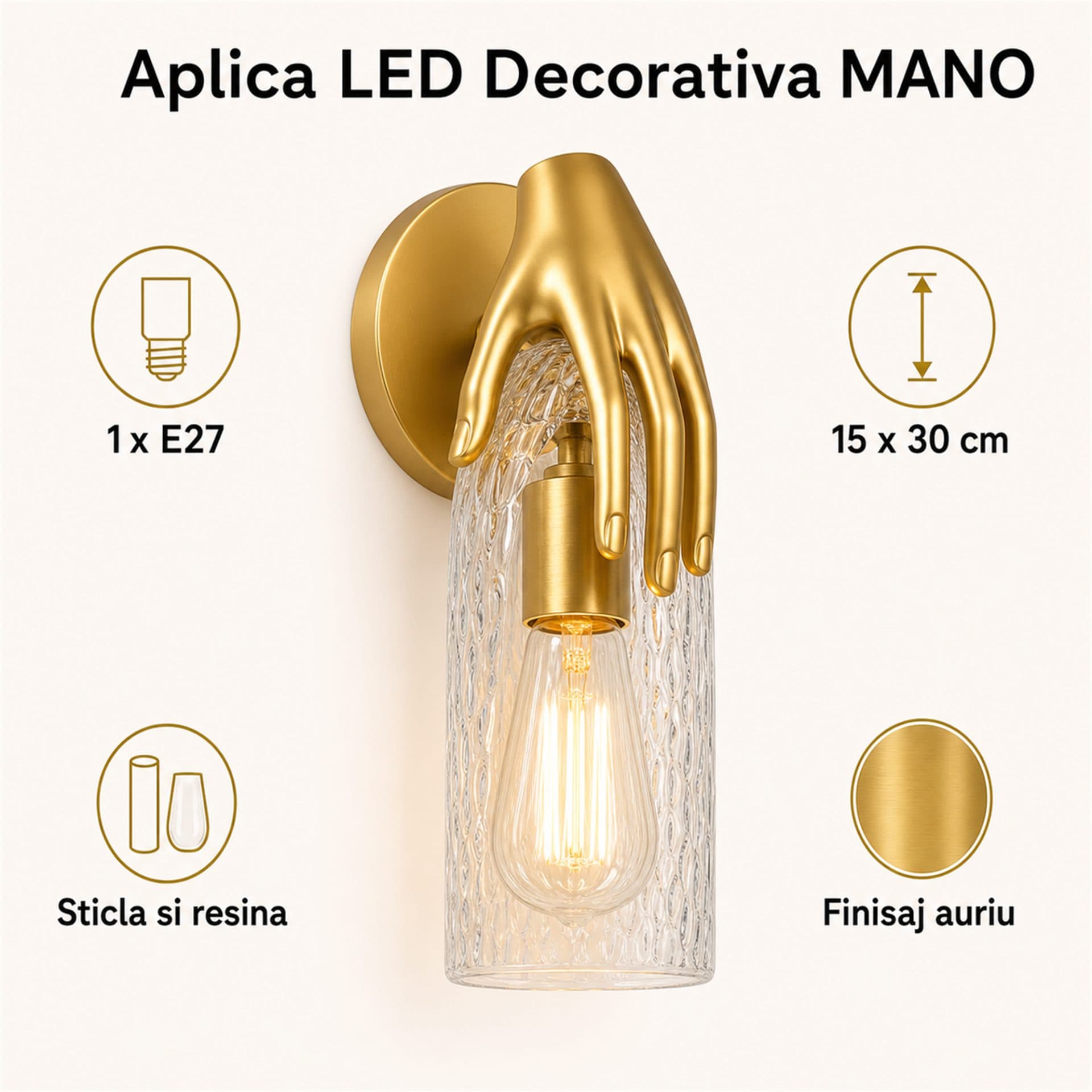 Aplica de perete decorativa Flippy MANO Auriu 15x30cm Soclu E27 — imagine 8