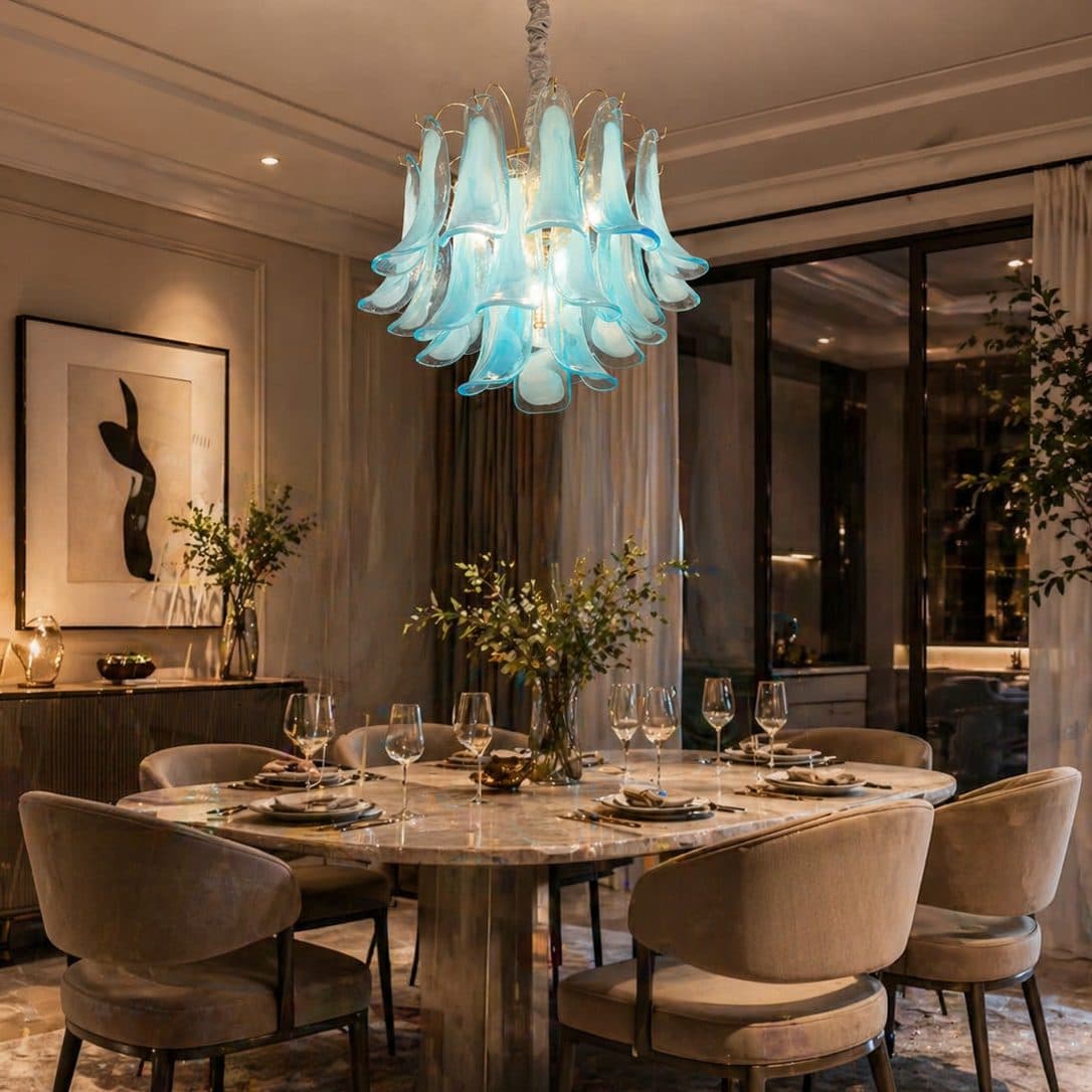 Candelabru Flippy Cristal MURANO Magno 7xE14, D60 cm, Albastru, Inaltime Reglabila, Metal si Cristal — imagine 7
