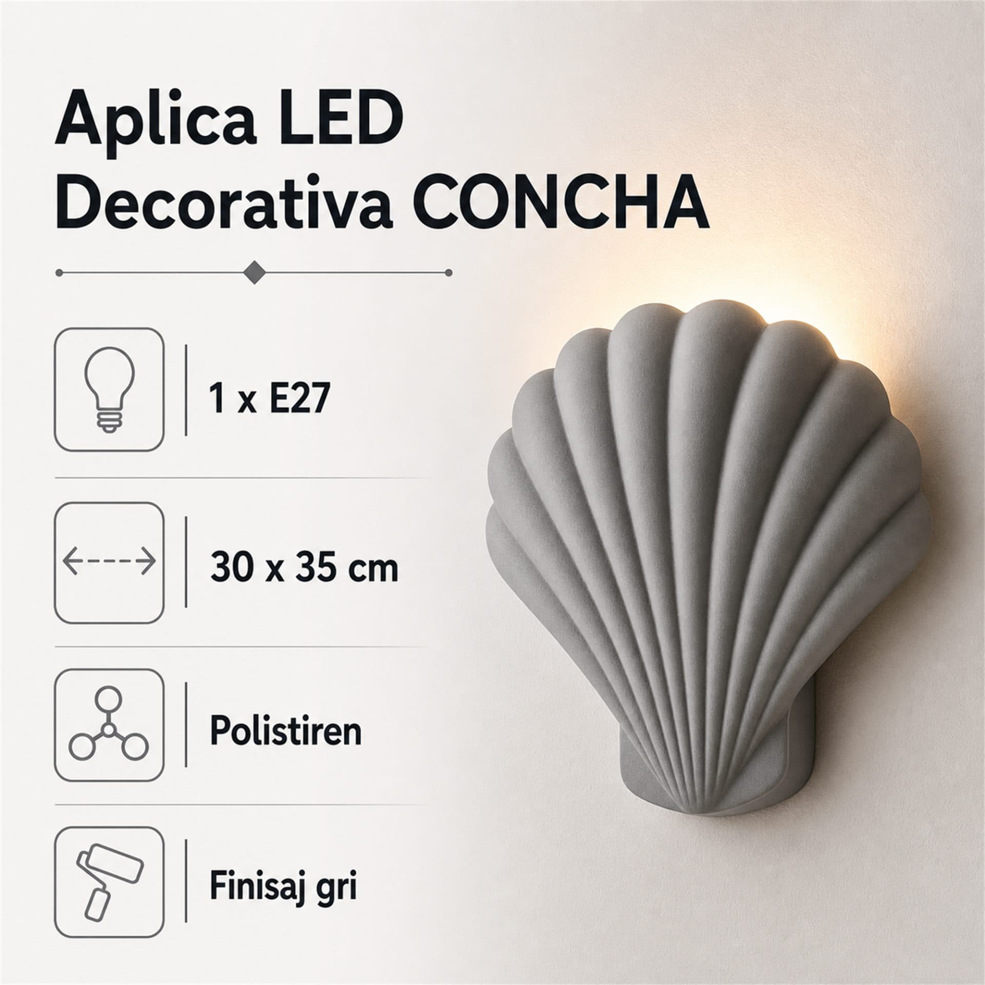 Aplica LED Decorativa Flippy CONCHA Gri 30x35cm Soclu E27 — imagine 11